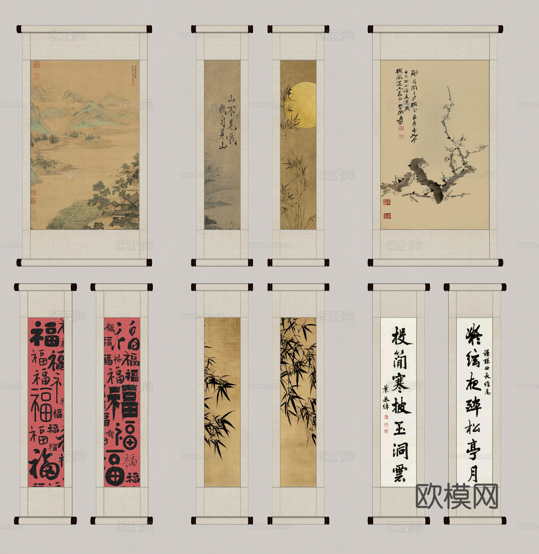 新中式卷轴挂画 书法字画su模型