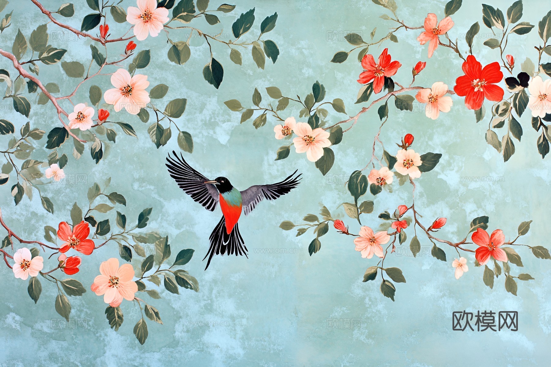 中式美式花鸟壁画