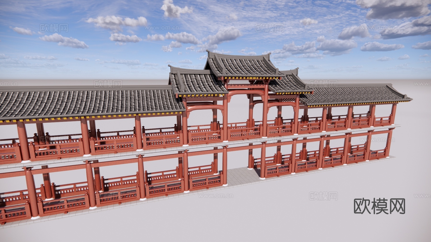 连廊 双层 三叠屋面 三层屋面 中式走廊su模型