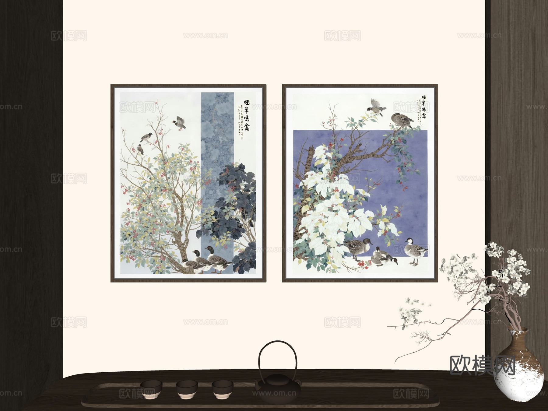 新中式山水画 禅意挂画 茶室挂画 挂画组合 山水画 花鸟画su模型
