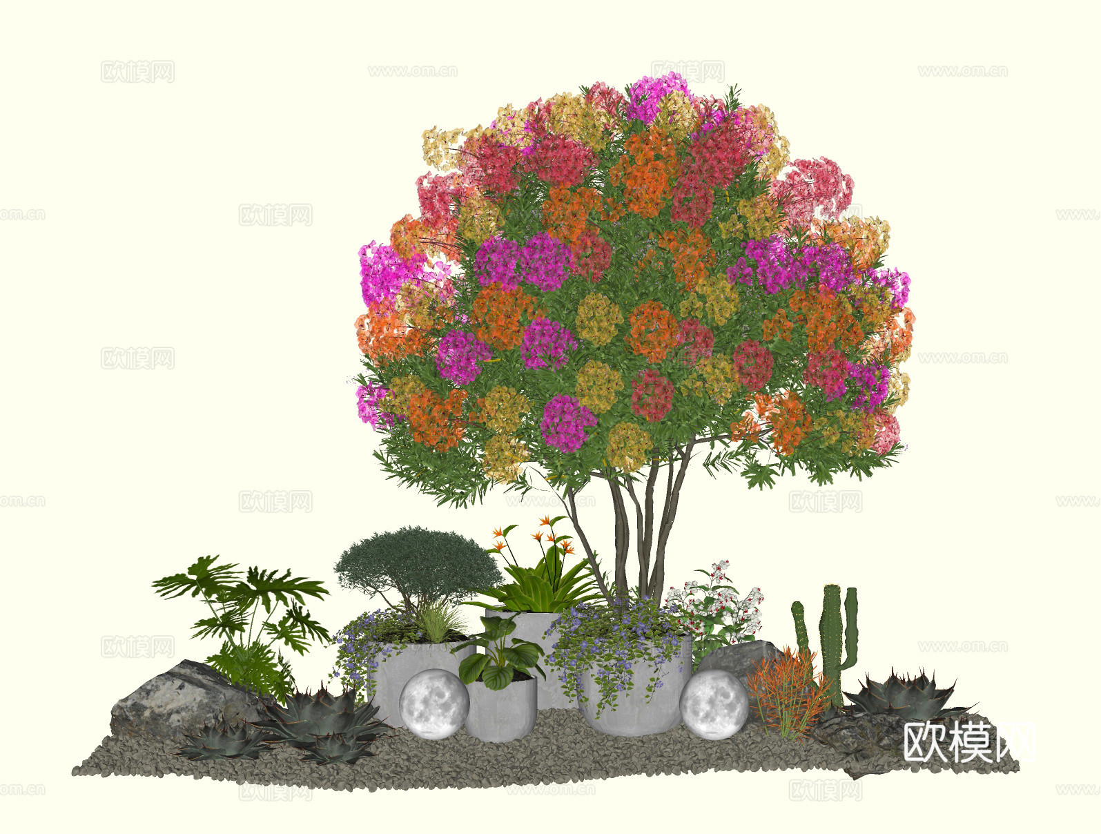 现代植物盆栽 景观造型树 多色三角梅 花镜绿植堆su模型