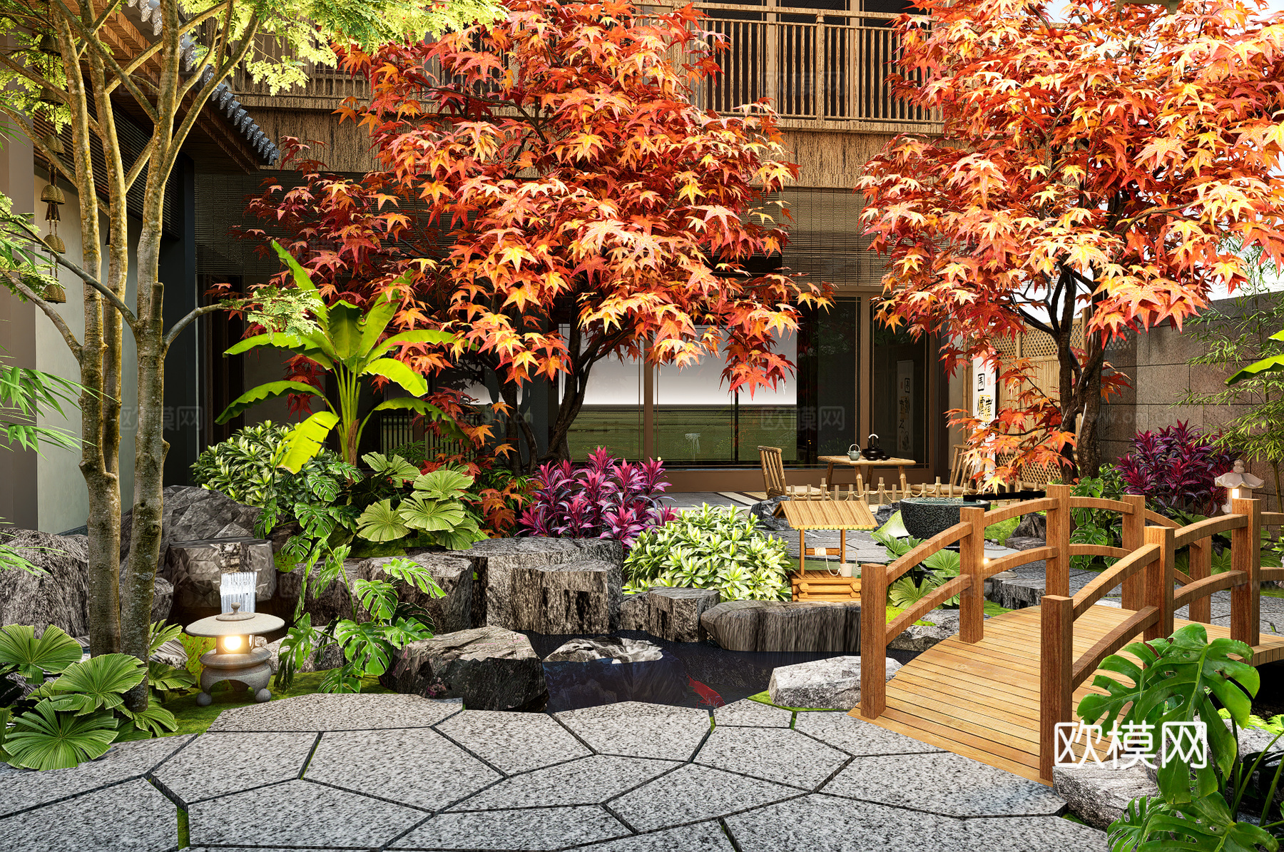 中式禅意枯山水 庭院景观小品  假山流水 植物景观su模型