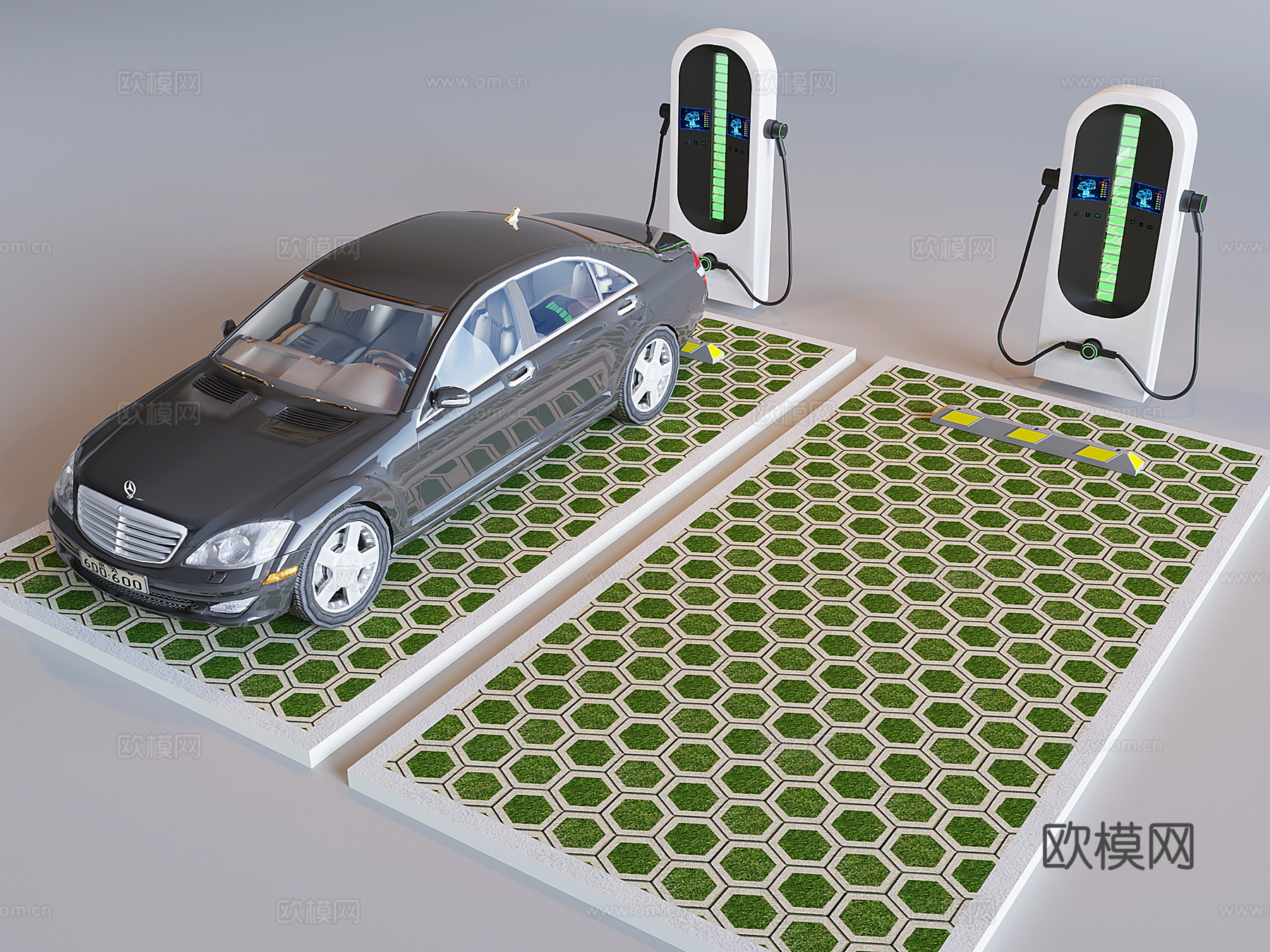 新能源汽车充电站 户外停车场充电桩 植草透水砖车位3d模型