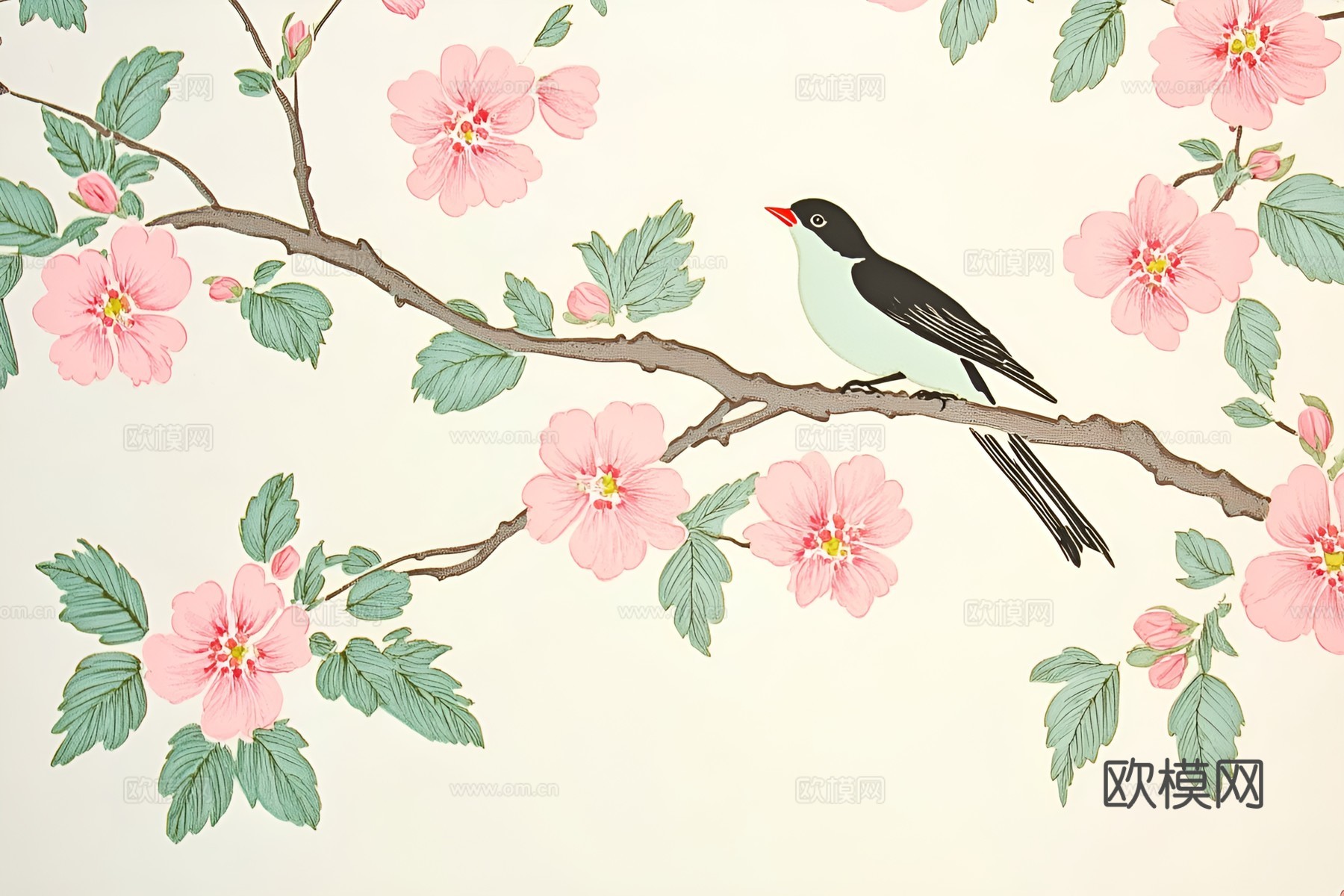 中式美式花鸟壁画