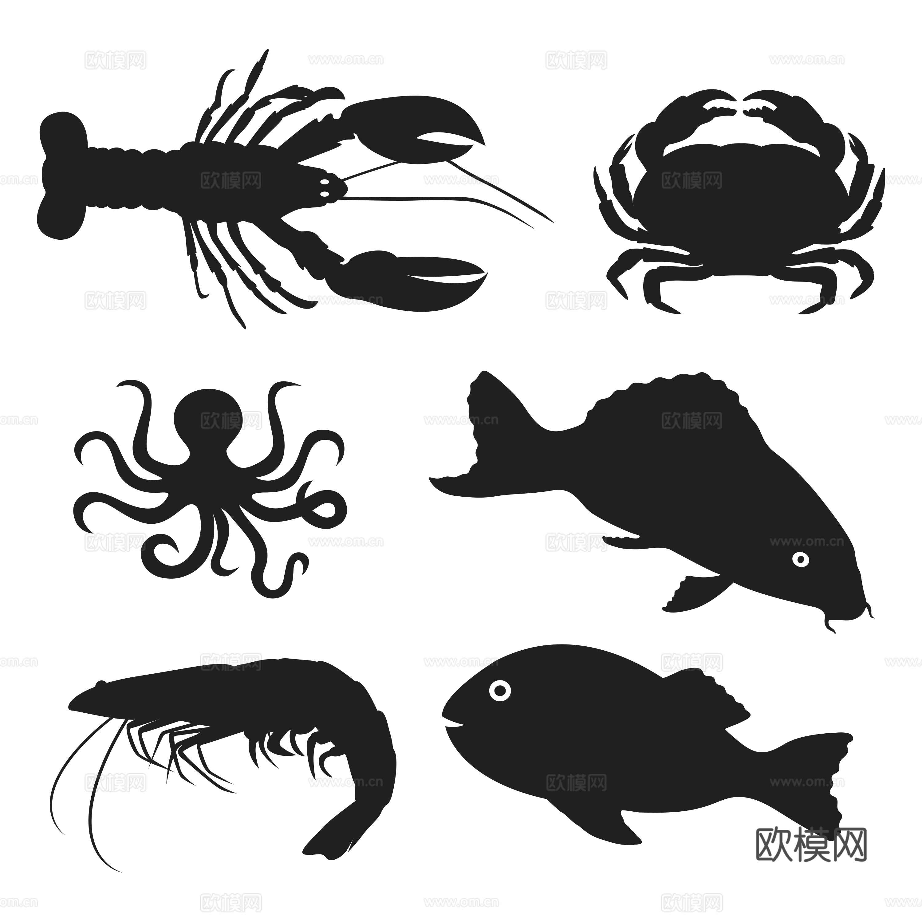 免抠 海洋生物 剪影 鱿鱼 虾 螃蟹