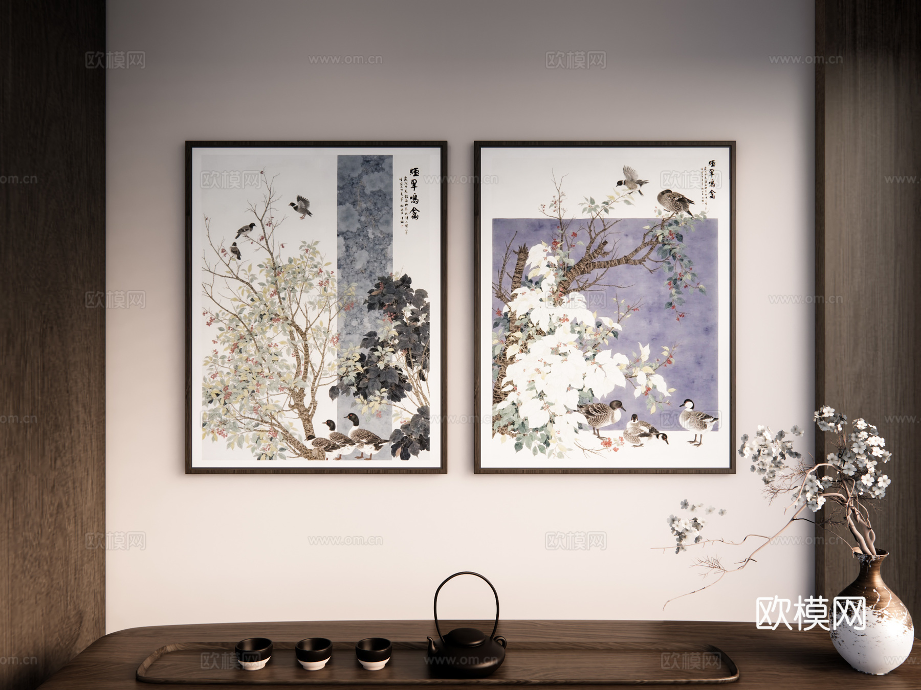 新中式山水画 禅意挂画 茶室挂画 挂画组合 山水画 花鸟画su模型