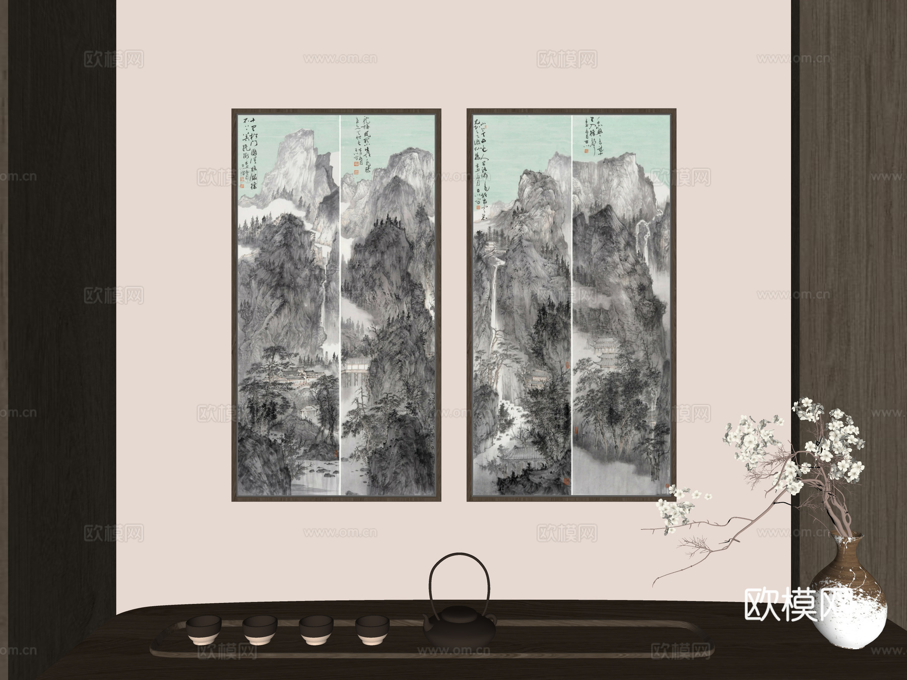 新中式山水画 禅意挂画 茶室挂画 挂画组合 山水画 挂画su模型