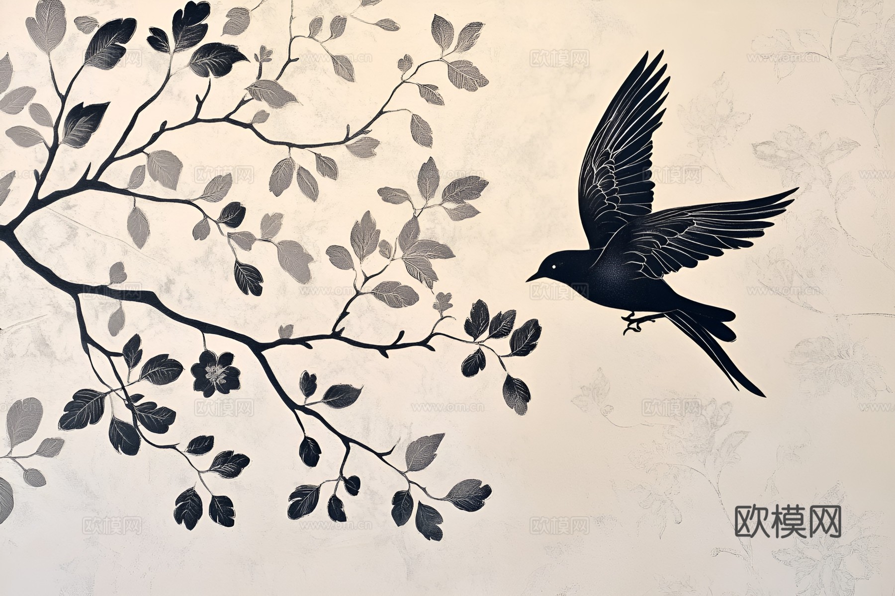 黑白法式浪漫花鸟壁画