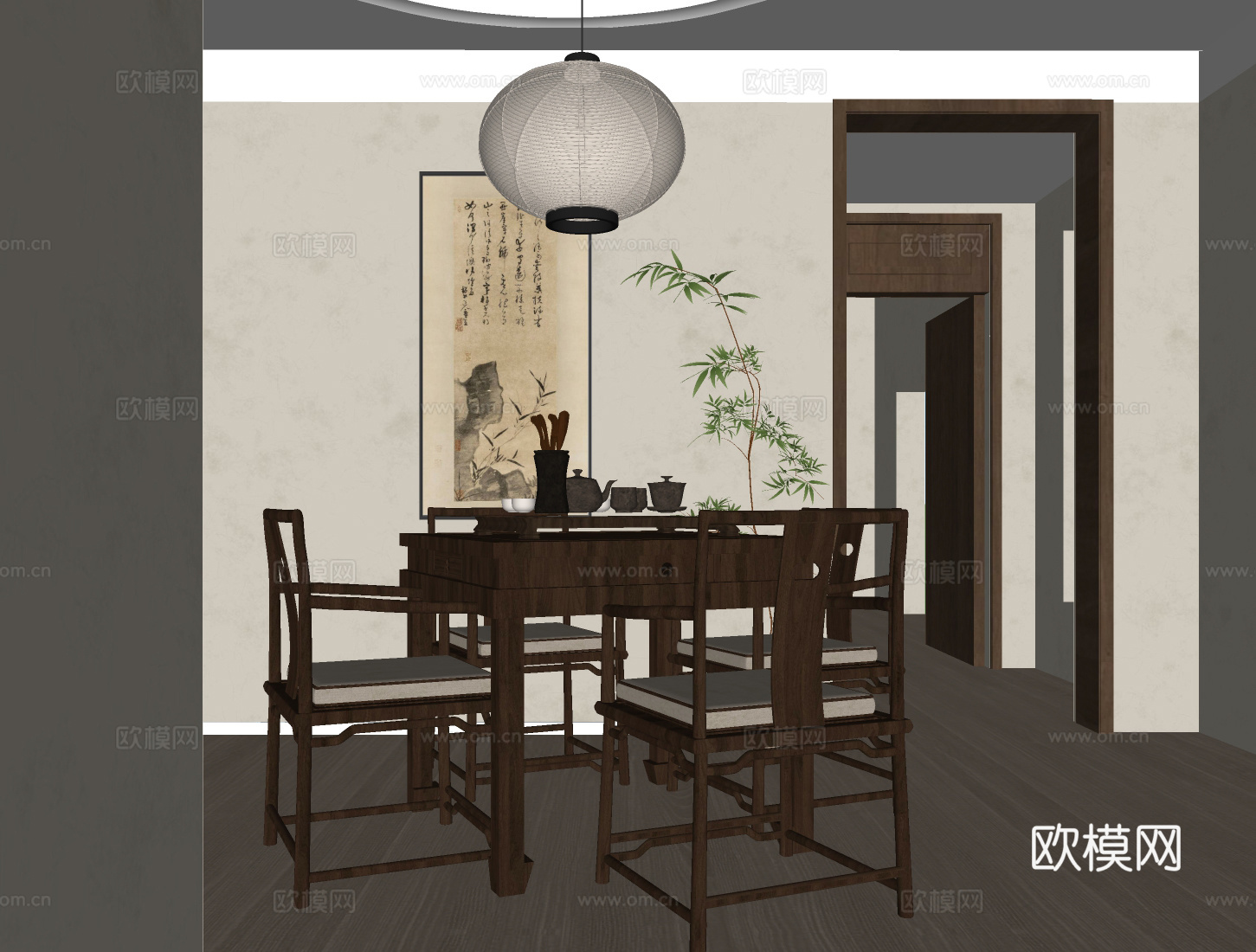 新中式茶桌椅 吊灯 挂画 茶桌椅组合su模型