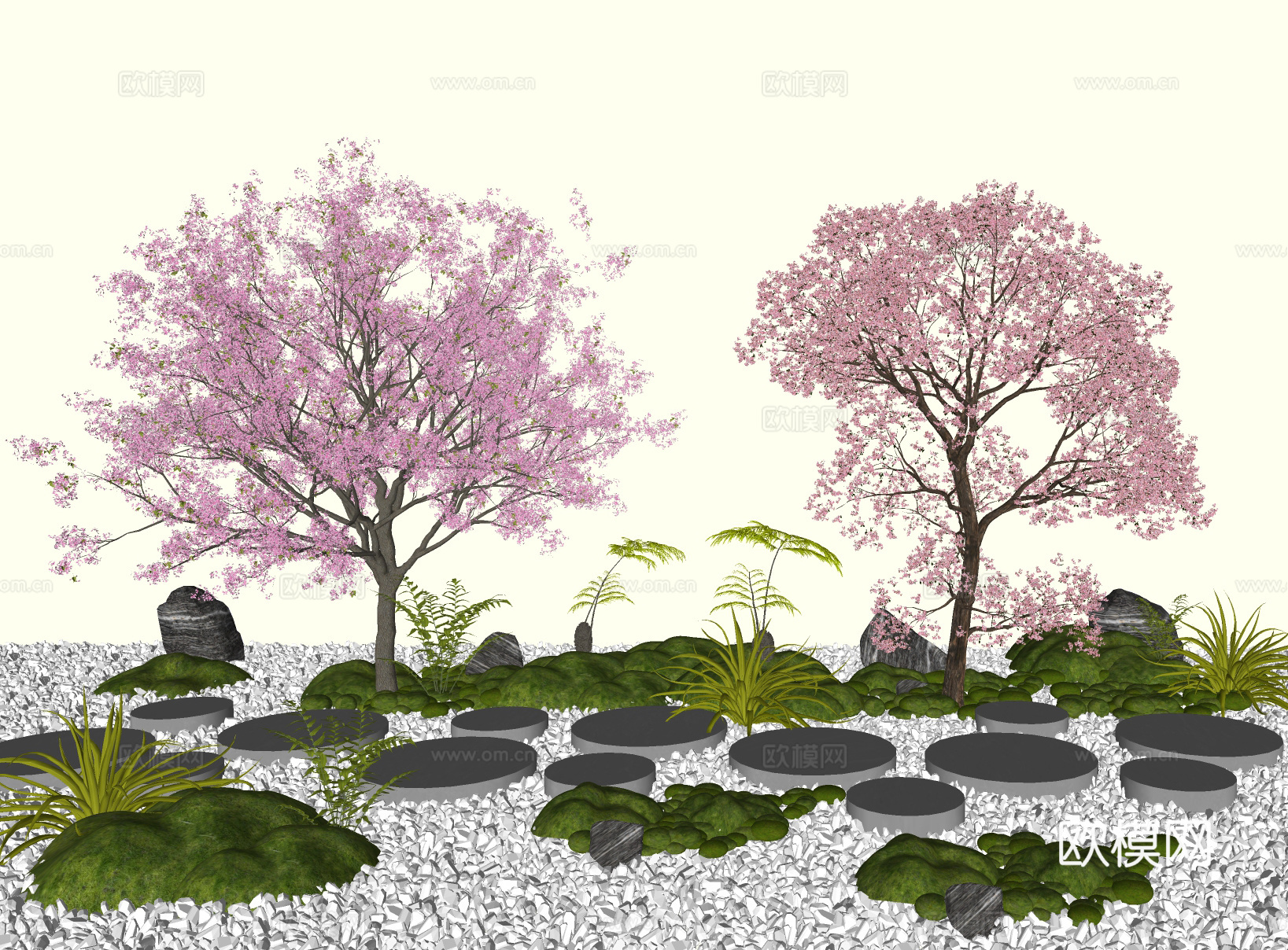 桃树 樱花树 花树  汀步碎石 微地形景观小品su模型