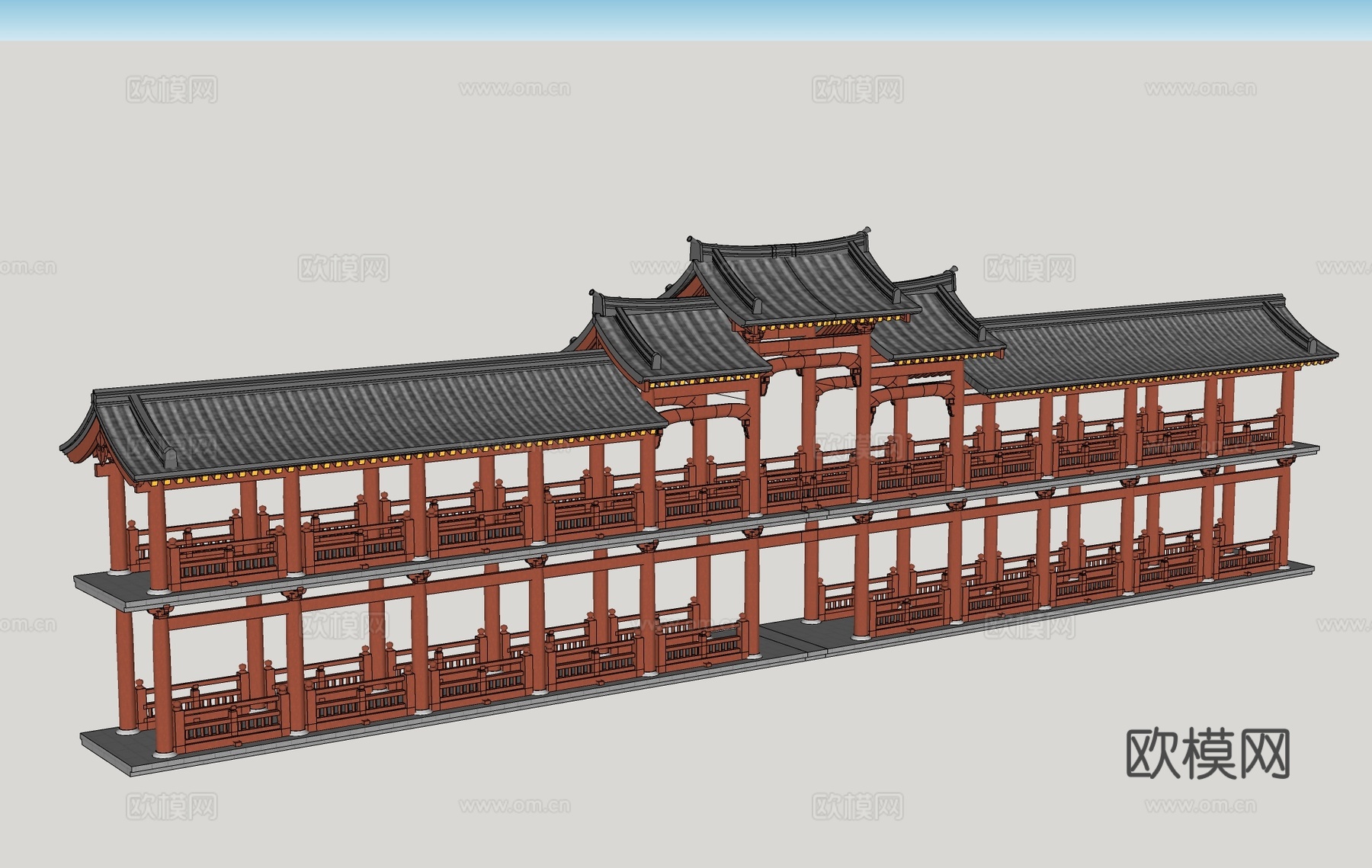 连廊 双层 三叠屋面 三层屋面 中式走廊su模型