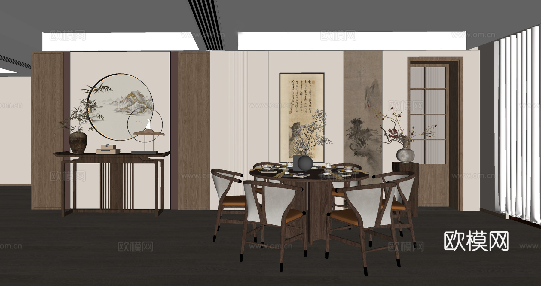 新中式家居餐厅 圆形餐桌 条案 餐桌椅组合su模型