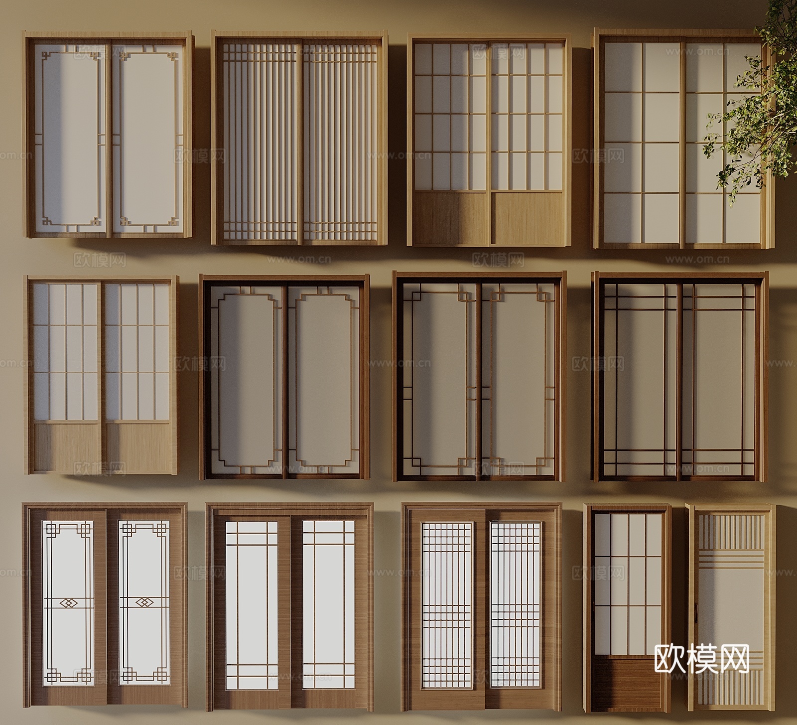 宋式原木风推拉门 移门 木质 日式推拉门3d模型