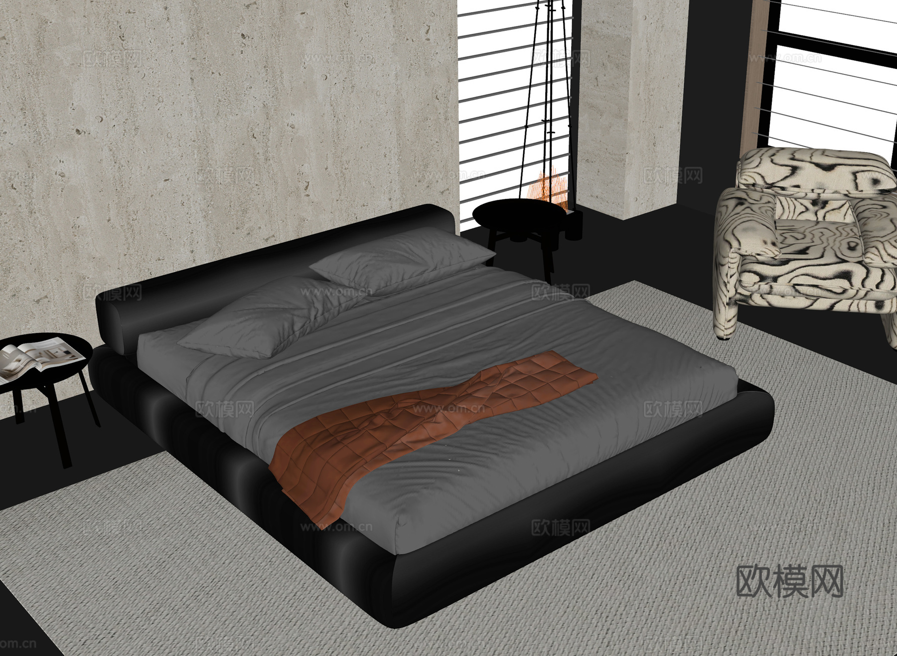 现代双人床su模型