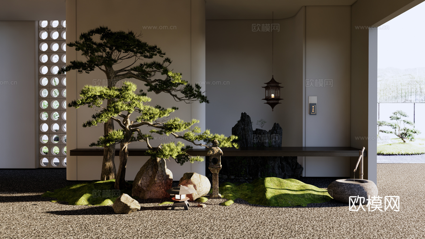 新中式室内景观造景 庭院小品 假山石头 松树 景观石 地灯su模型