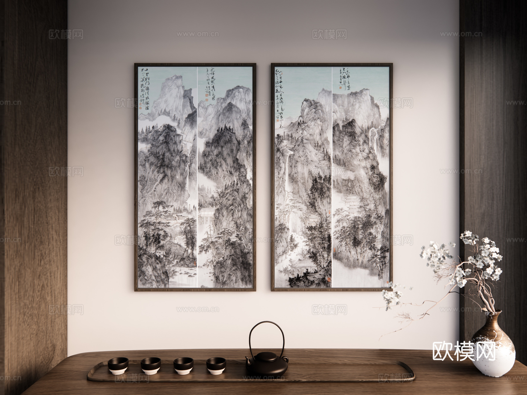 新中式山水画 禅意挂画 茶室挂画 挂画组合 山水画 挂画su模型