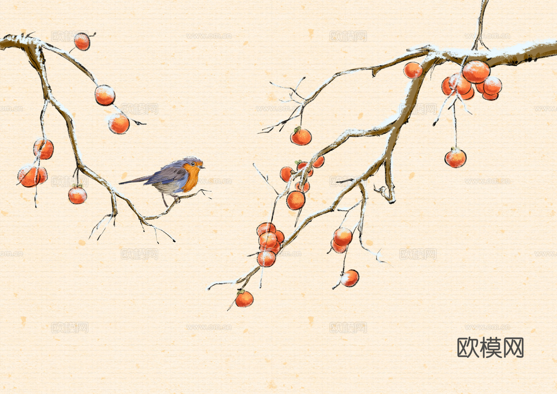 中式柿子花鸟壁画