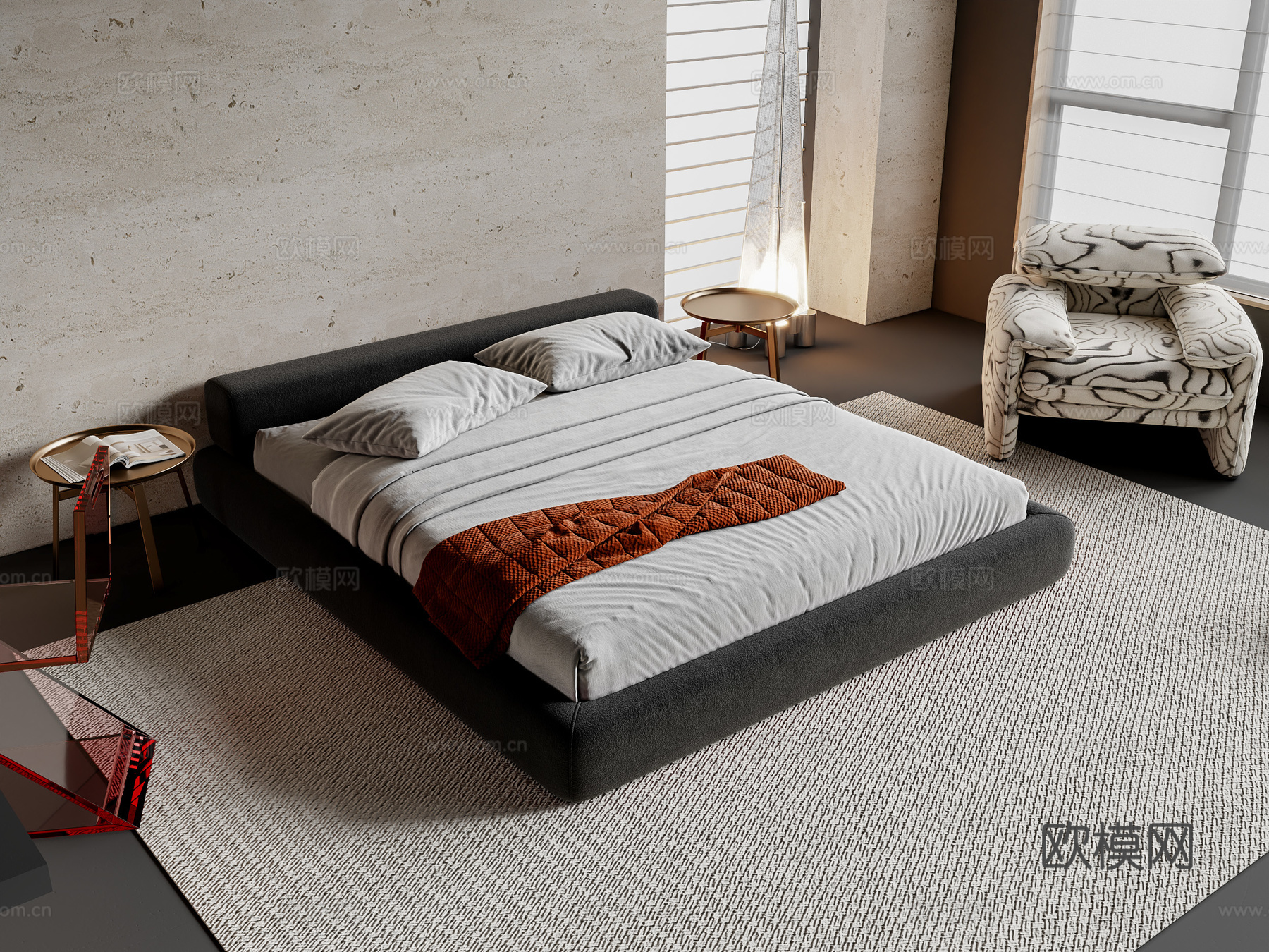 现代双人床su模型