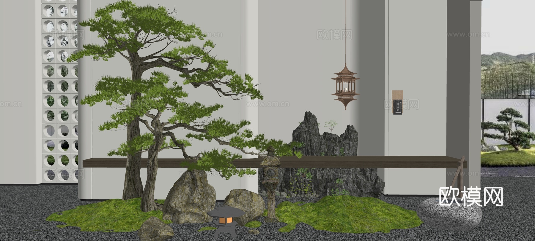 新中式室内景观造景 庭院小品 假山石头 松树 景观石 地灯su模型