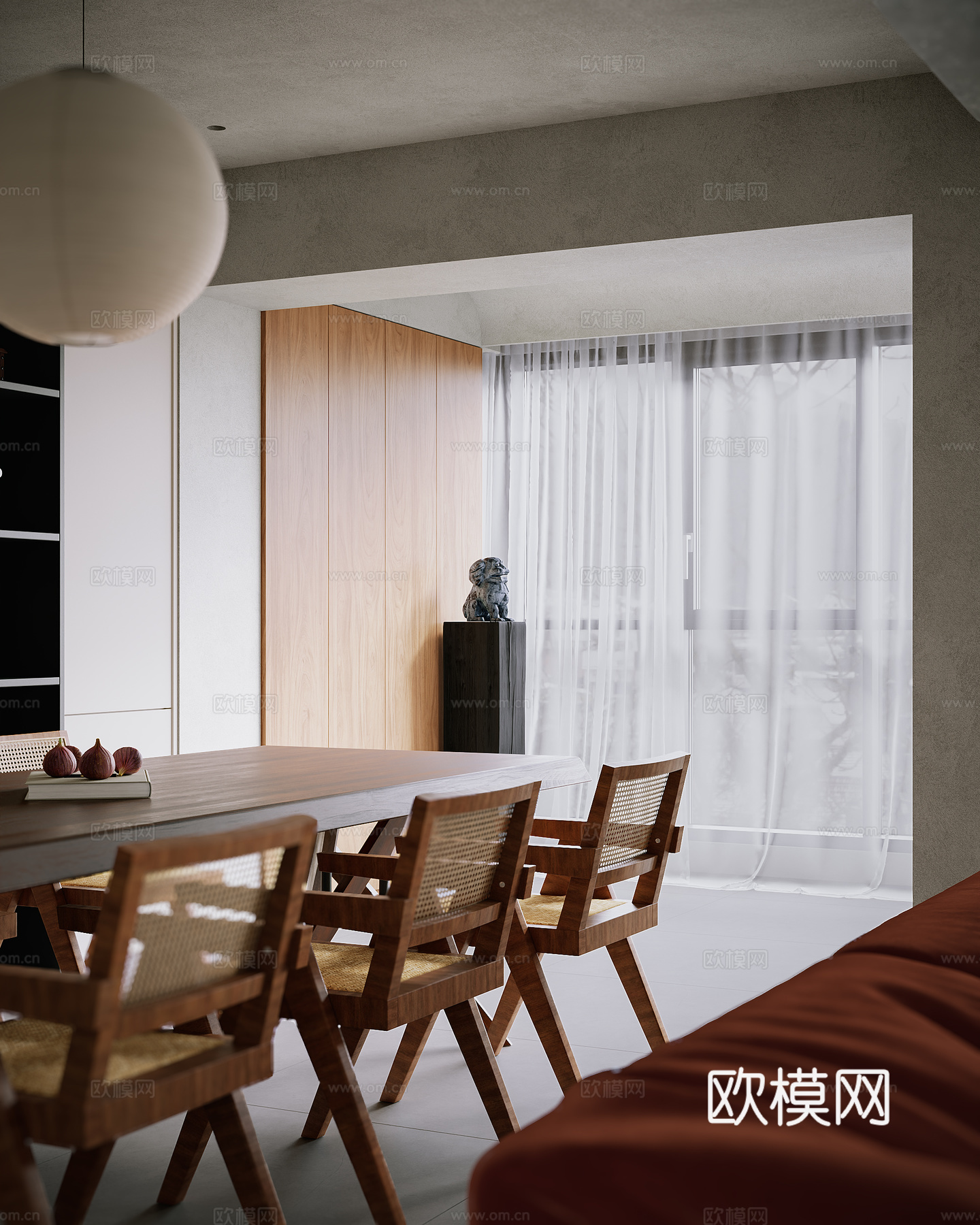 侘寂中古复古客餐厅 沙发茶几组合 摆件3d模型