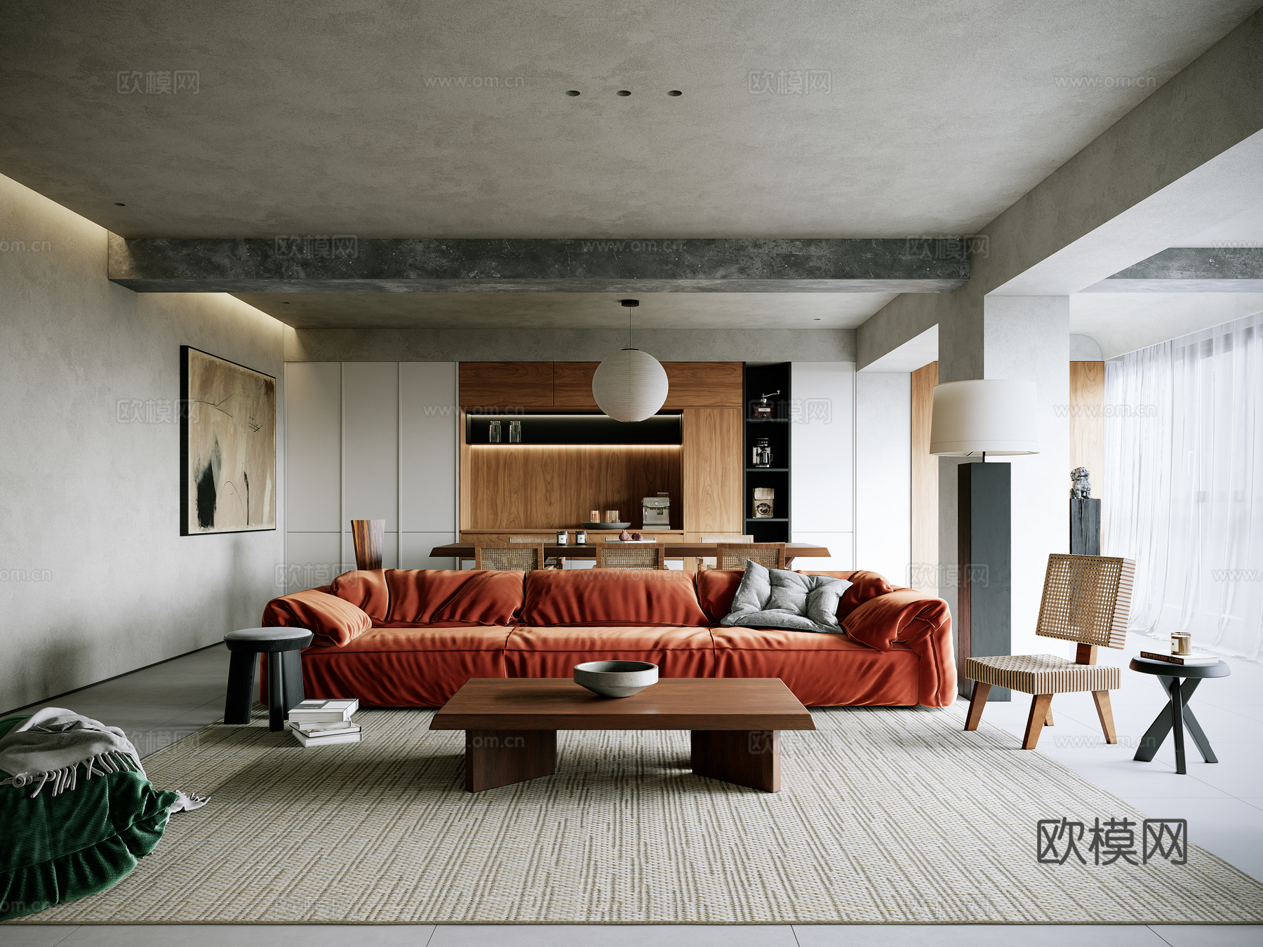 侘寂中古复古客餐厅 沙发茶几组合 摆件3d模型