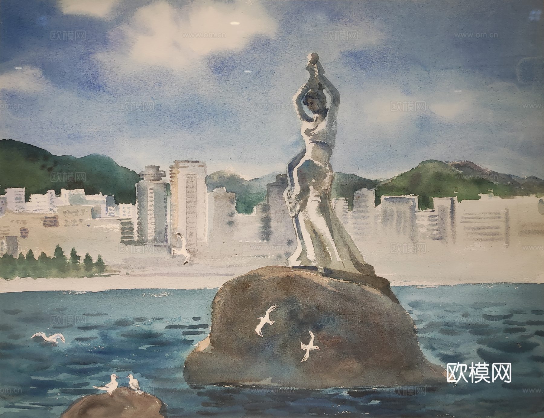 水彩珠海渔女