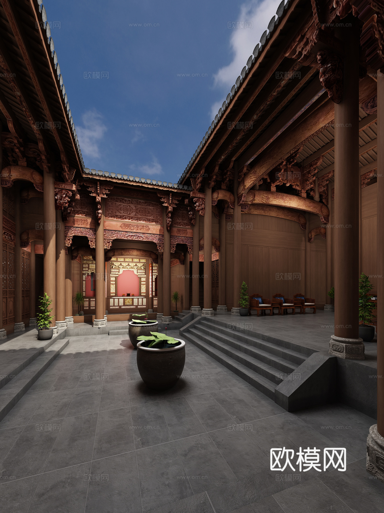 中式徽派门楼天井3d模型