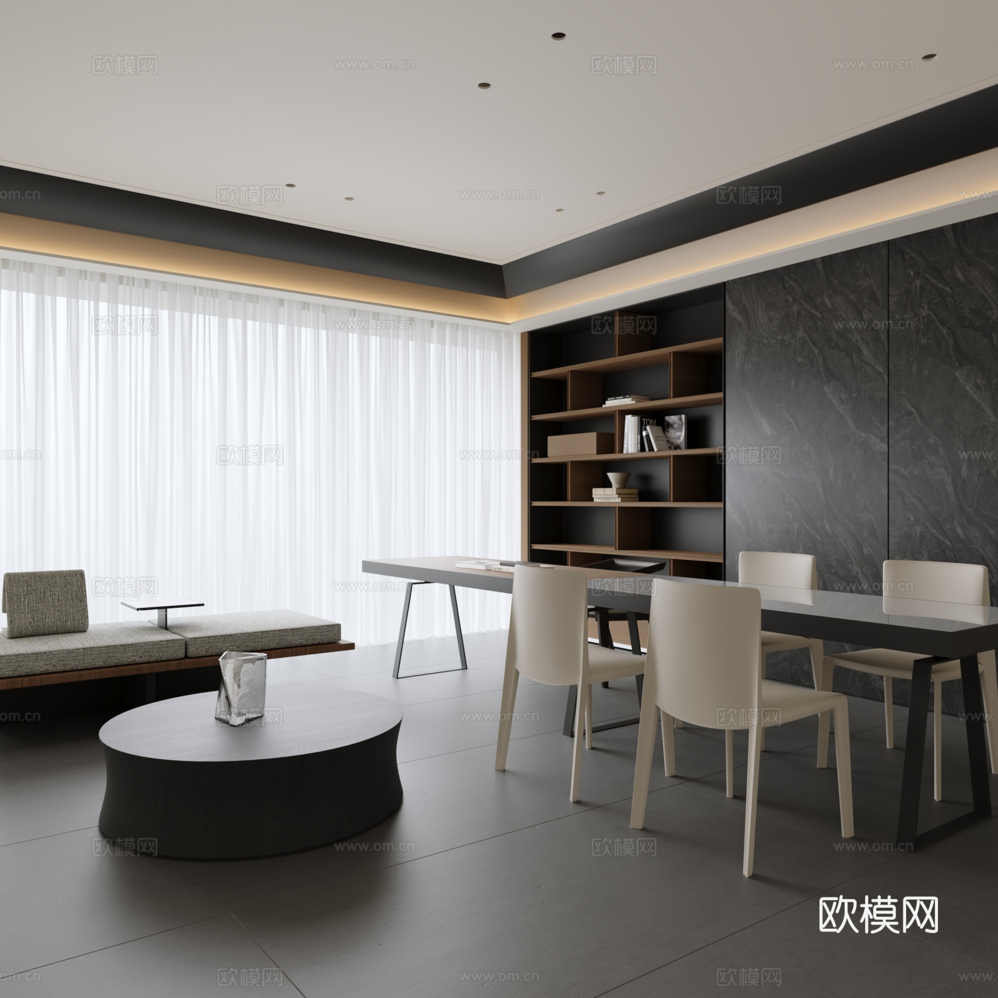 现代意式家居客厅 横厅 餐桌椅 餐边柜 展示柜 会客室3d模型