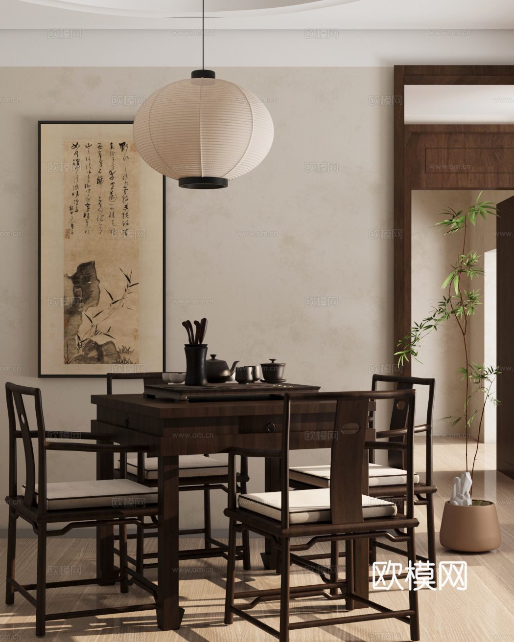 新中式茶桌椅 吊灯 挂画 茶桌椅组合su模型
