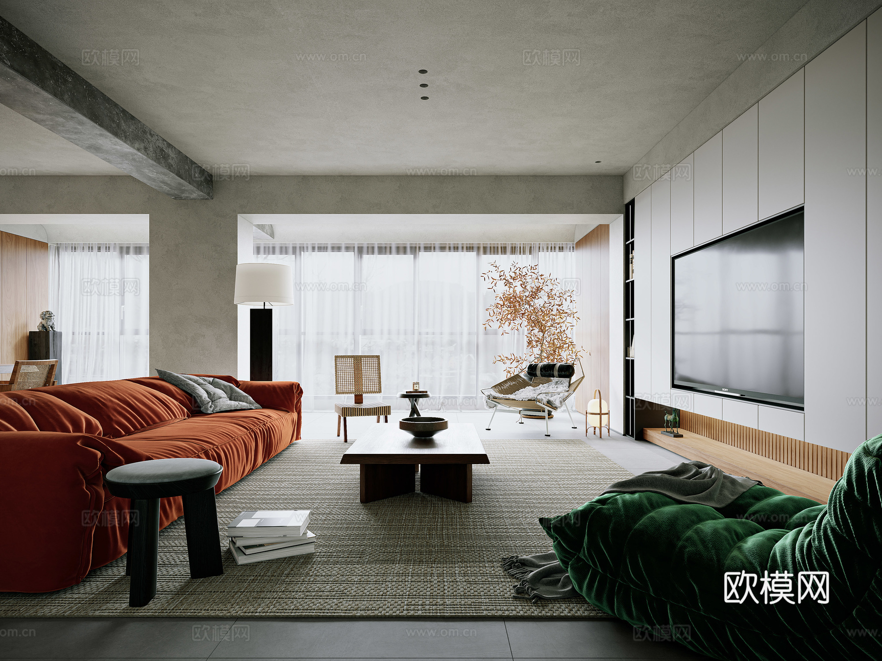 侘寂中古复古客餐厅 沙发茶几组合 摆件3d模型