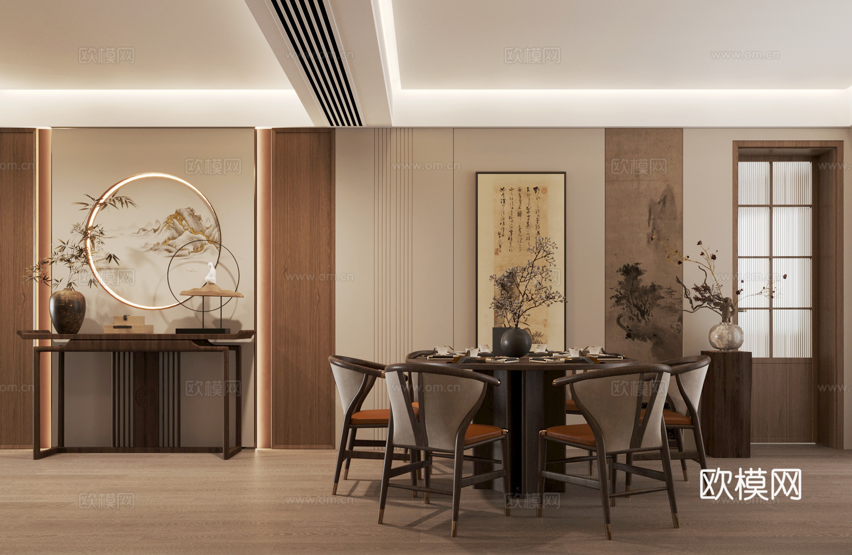 新中式家居餐厅 圆形餐桌 条案 餐桌椅组合3d模型