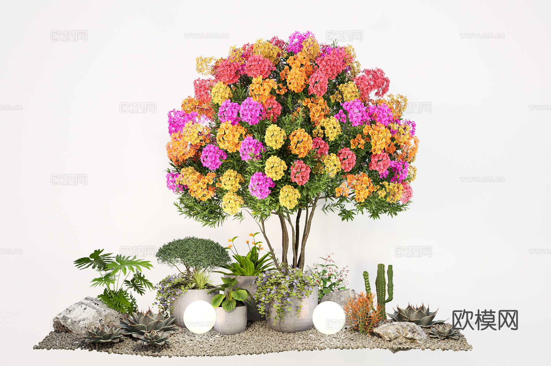现代植物盆栽 景观造型树 多色三角梅 花镜绿植堆su模型