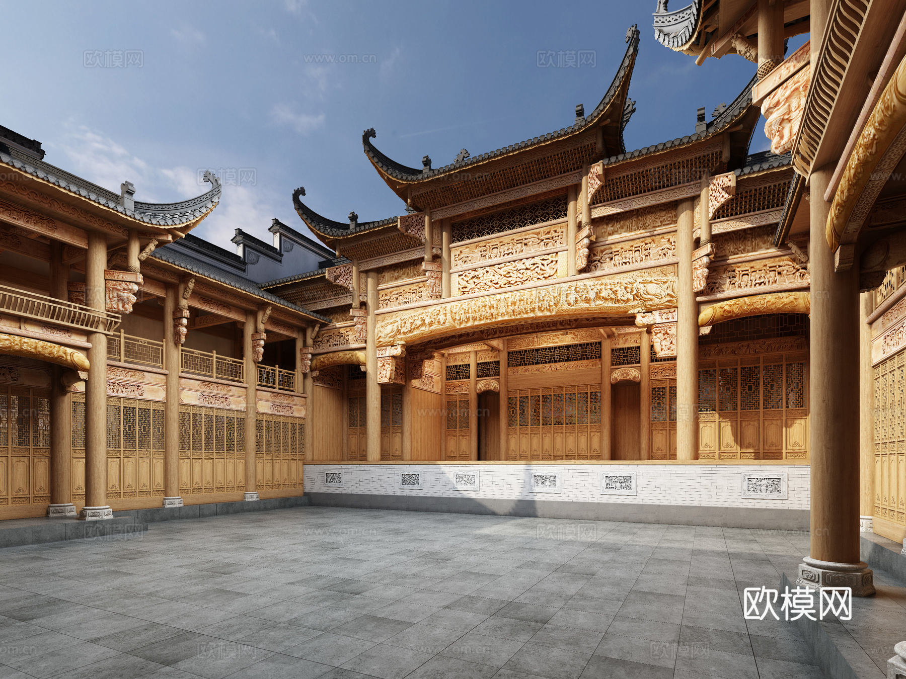 中式牌坊戏台3d模型