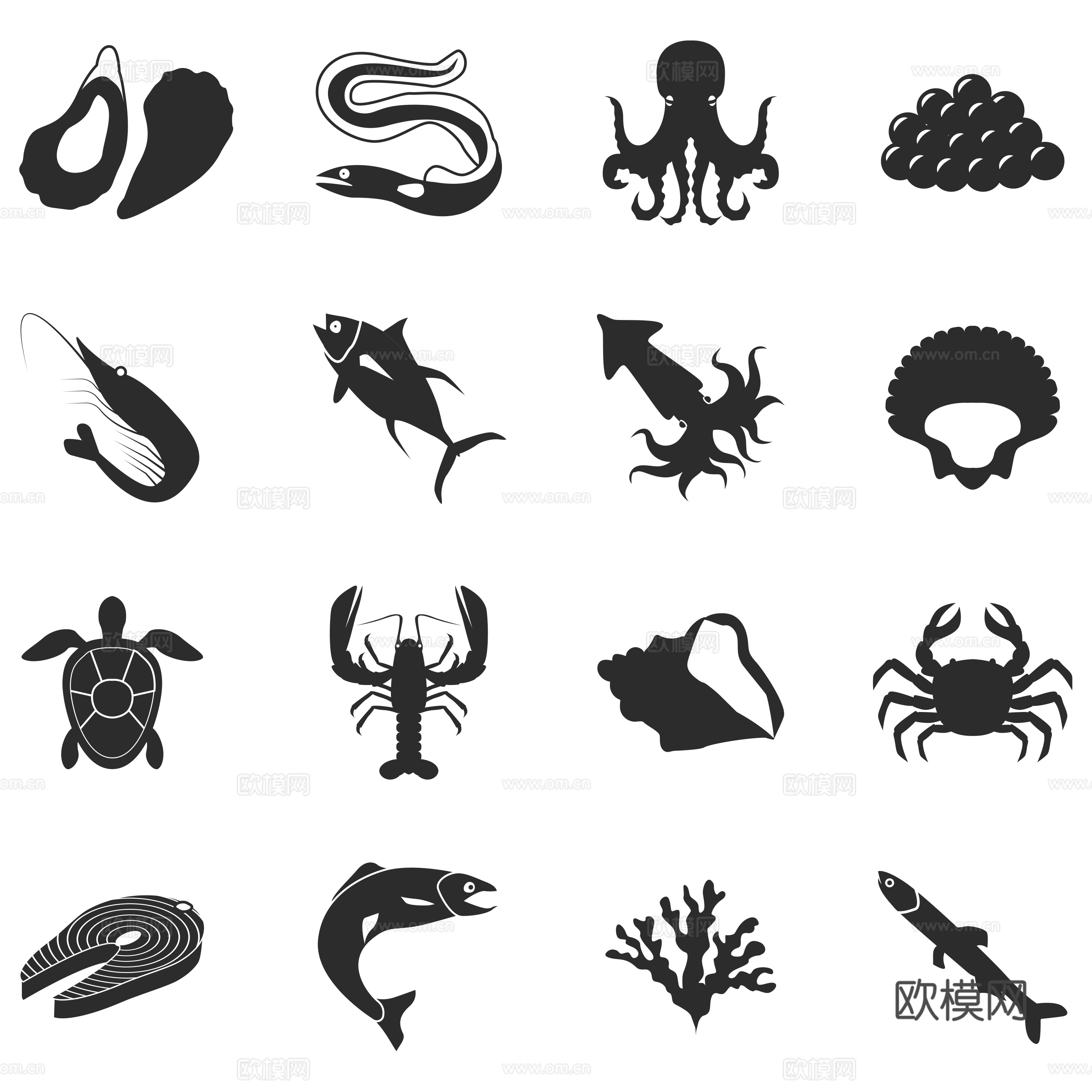 免抠 海洋生物 剪影 鱿鱼 虾 螃蟹 贝类