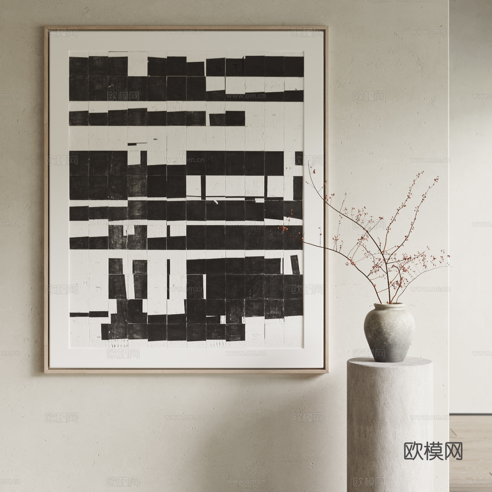 侘寂风装饰画 挂画 抽象画 陶瓷花瓶 干枝花瓶3d模型