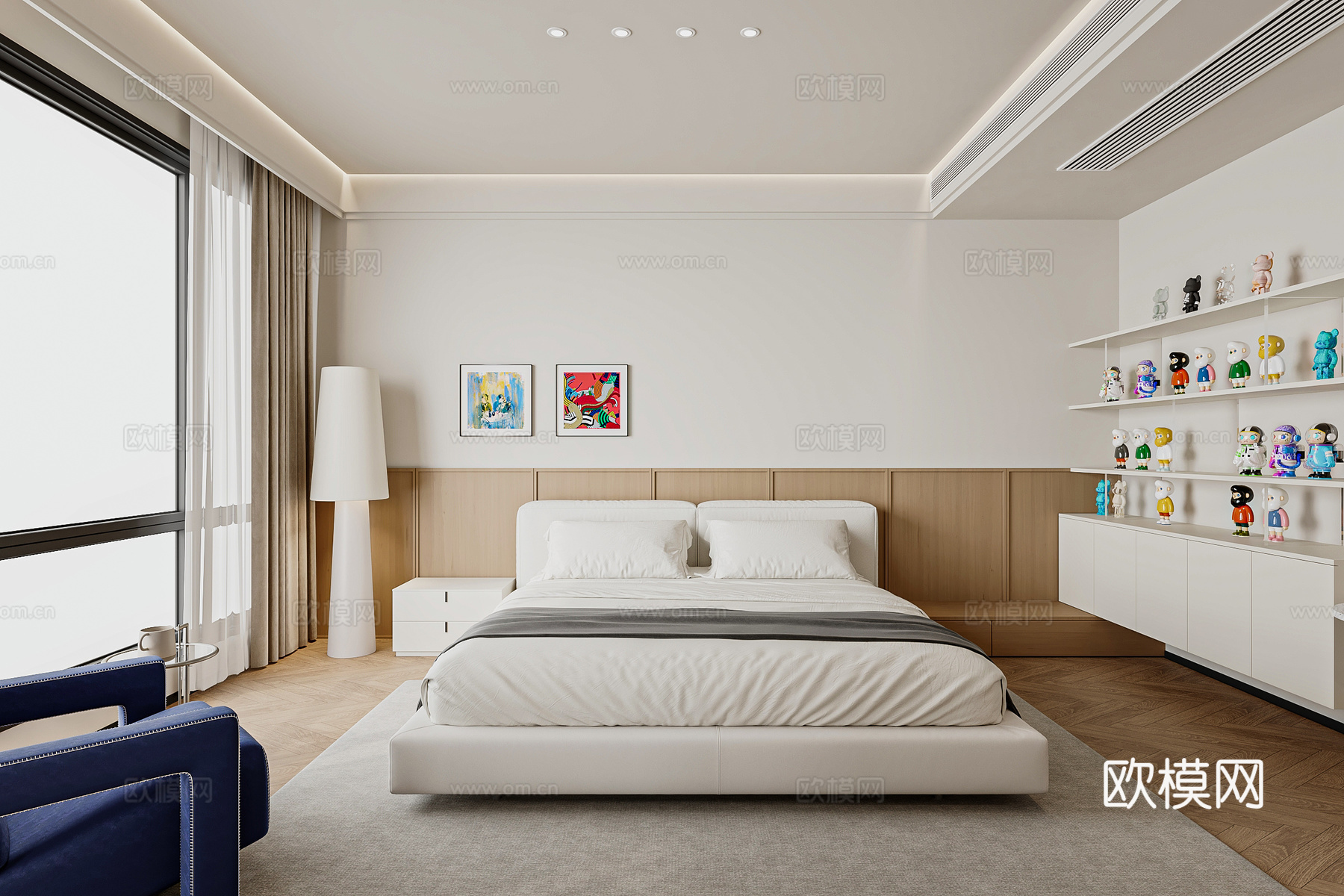 现代极简套房卧室 极简卧室 包豪斯家具 落地灯 梳妆台3d模型