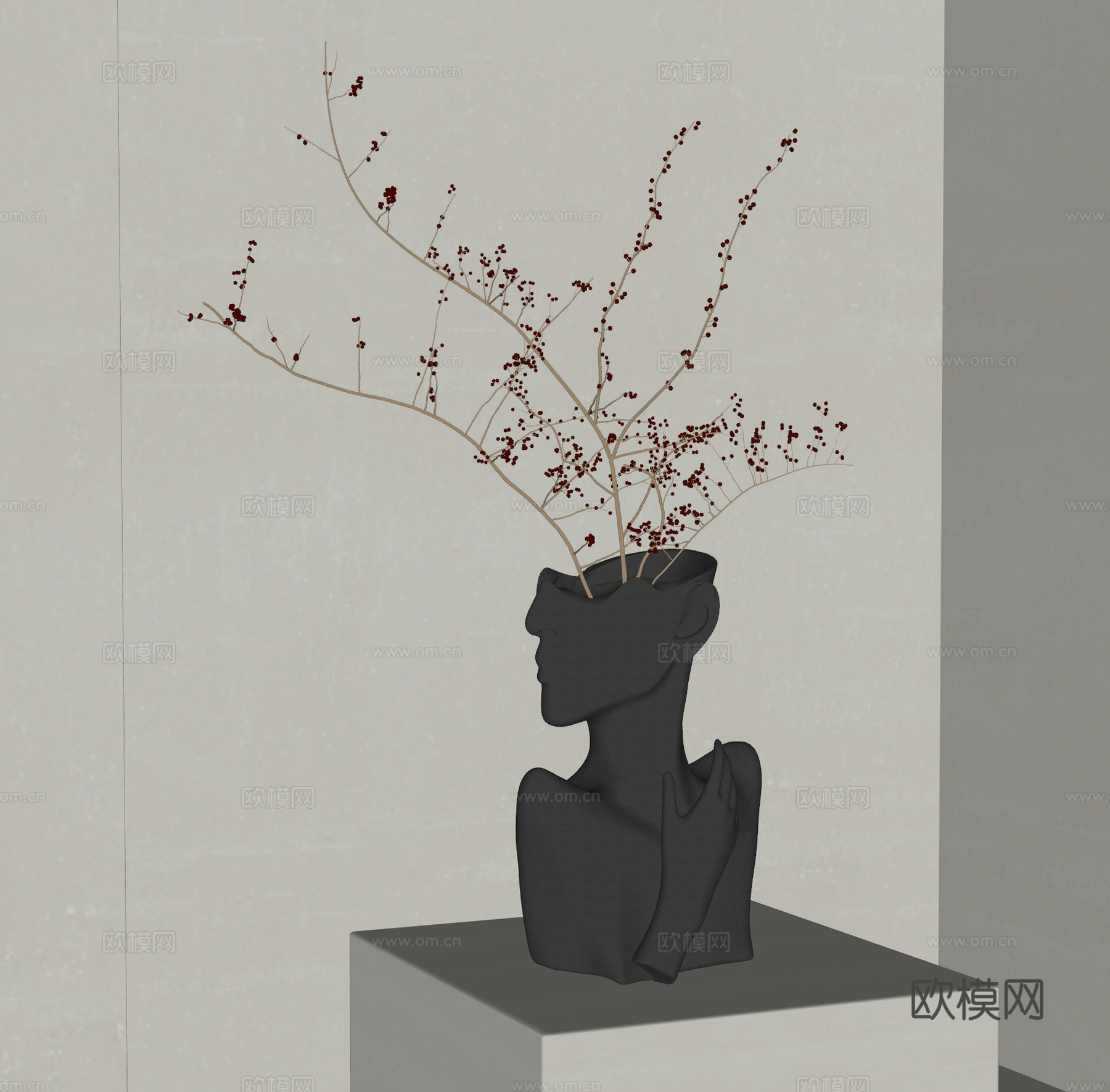 侘寂雕塑花瓶 干花干枝花瓶 雕塑摆件 中古饰品摆件su模型