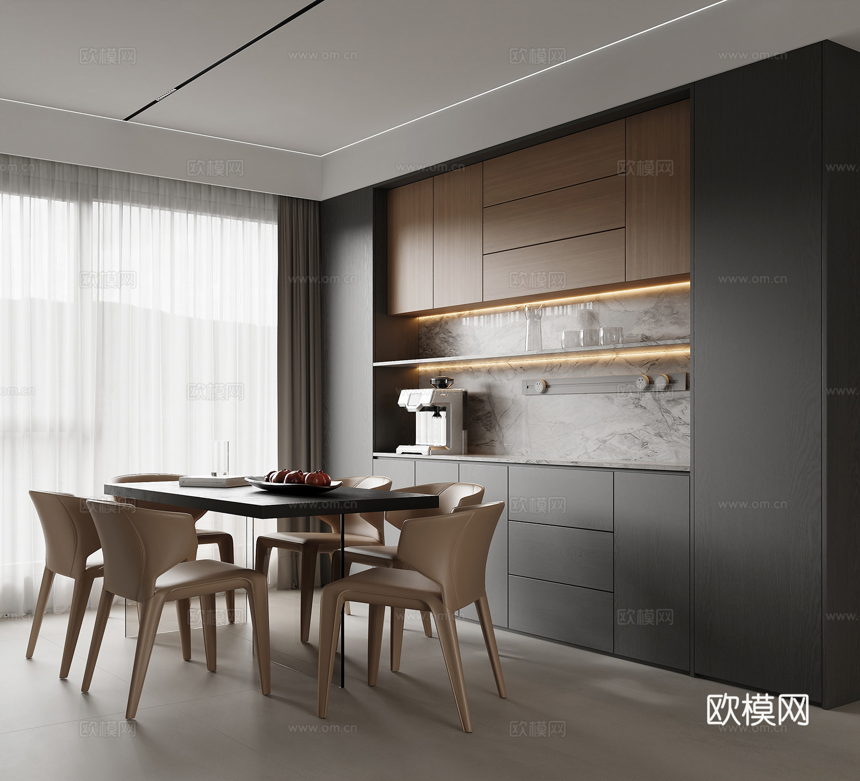 现代意式餐桌椅 餐边柜 酒柜 窗帘su模型下载（渲染图1）