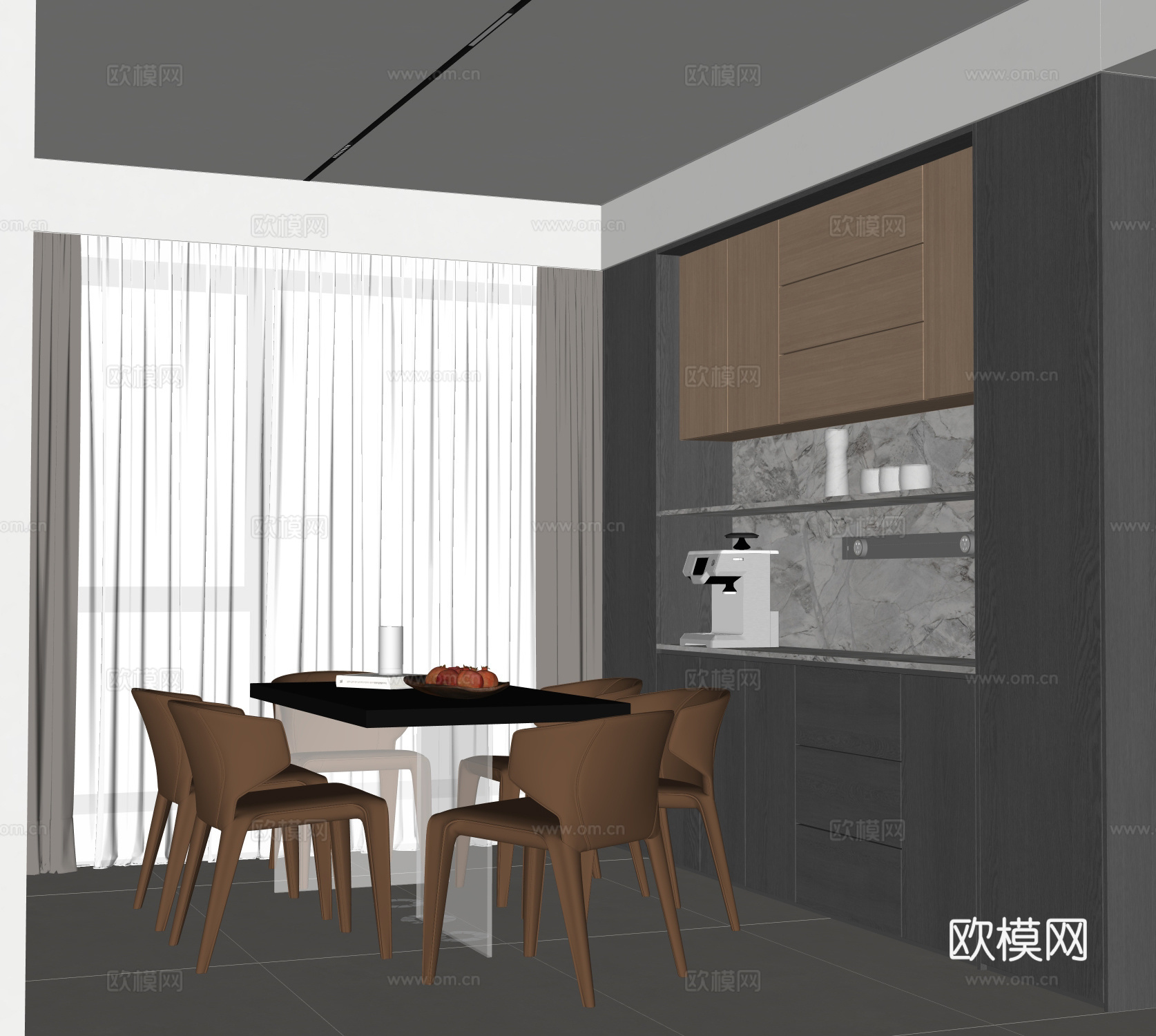 现代意式餐桌椅 餐边柜 酒柜 窗帘su模型下载（渲染图2）