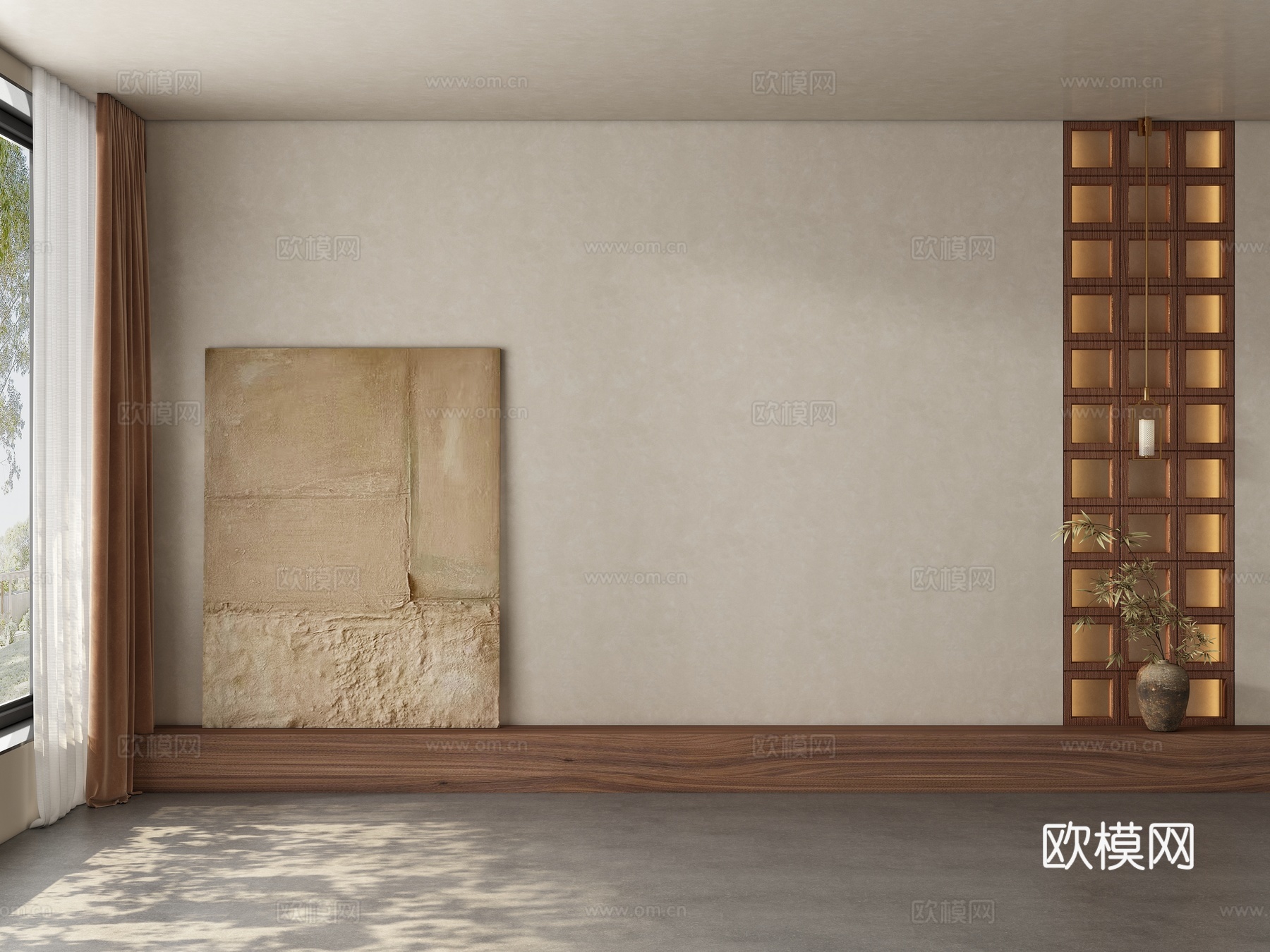 现代中古风餐厅 茶室背景墙3d模型