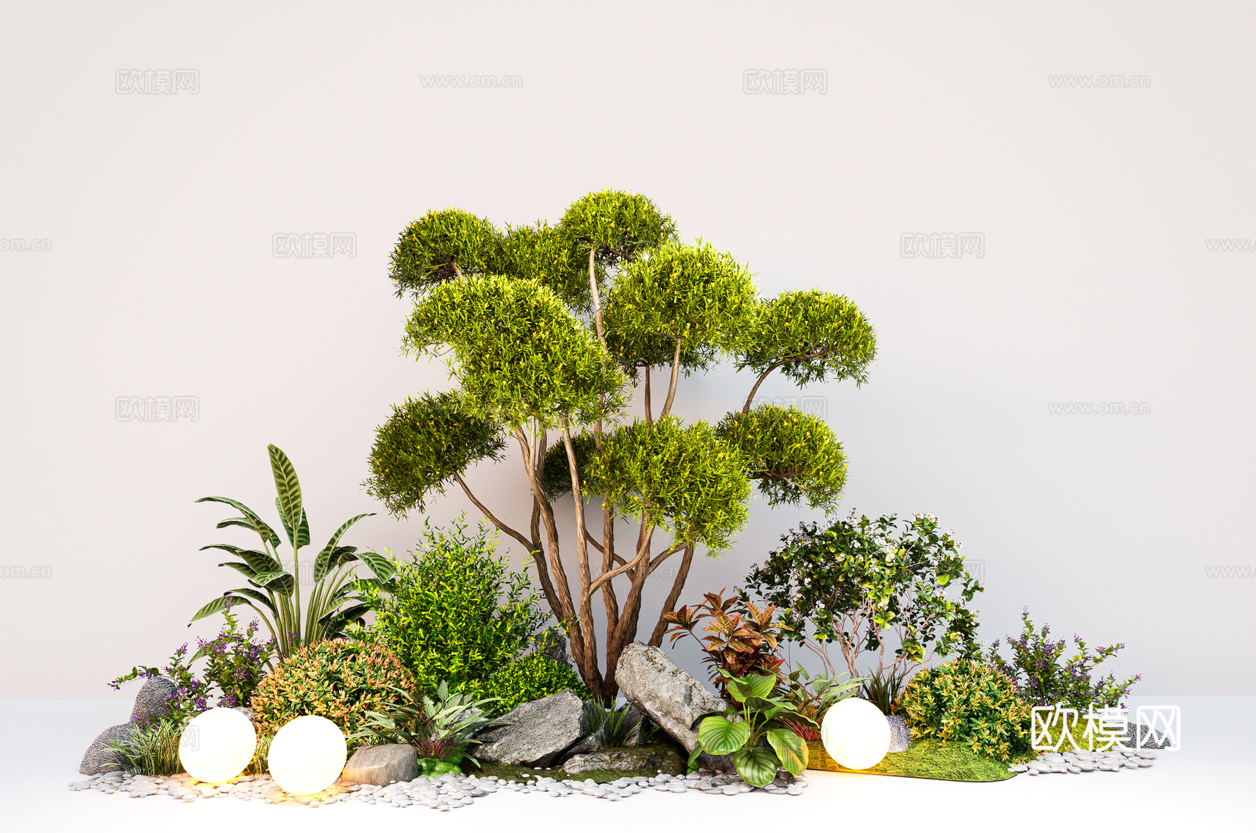 现代庭院植物组合 造型景观树 石头 灌木绿植su模型