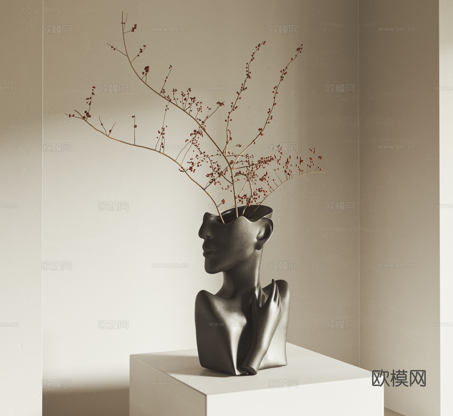 侘寂雕塑花瓶 干花干枝花瓶 雕塑摆件 中古饰品摆件su模型