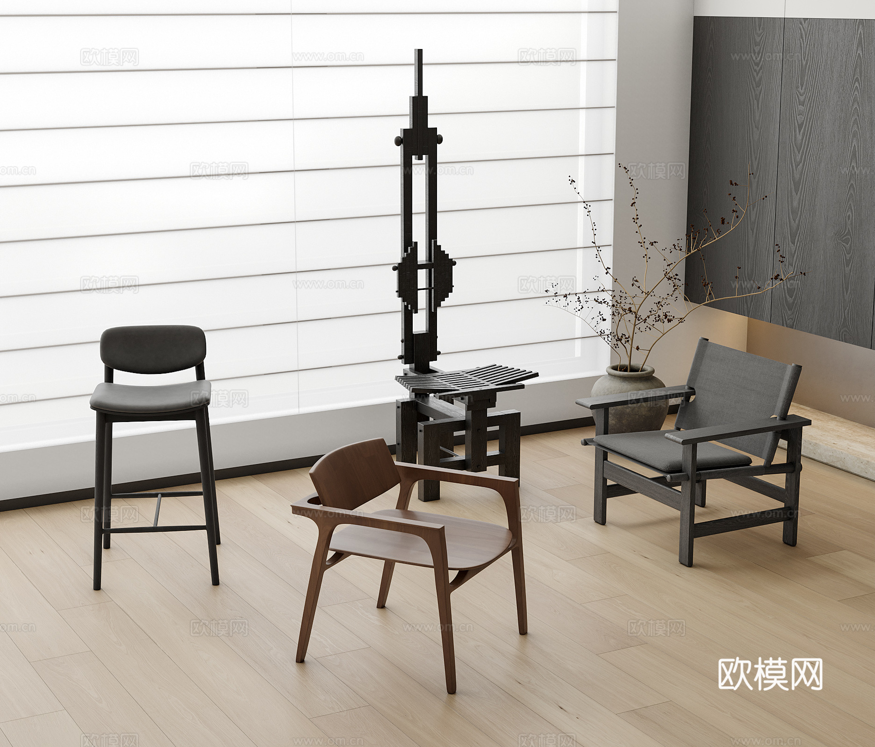 现代中古风单椅休闲椅摆件su模型