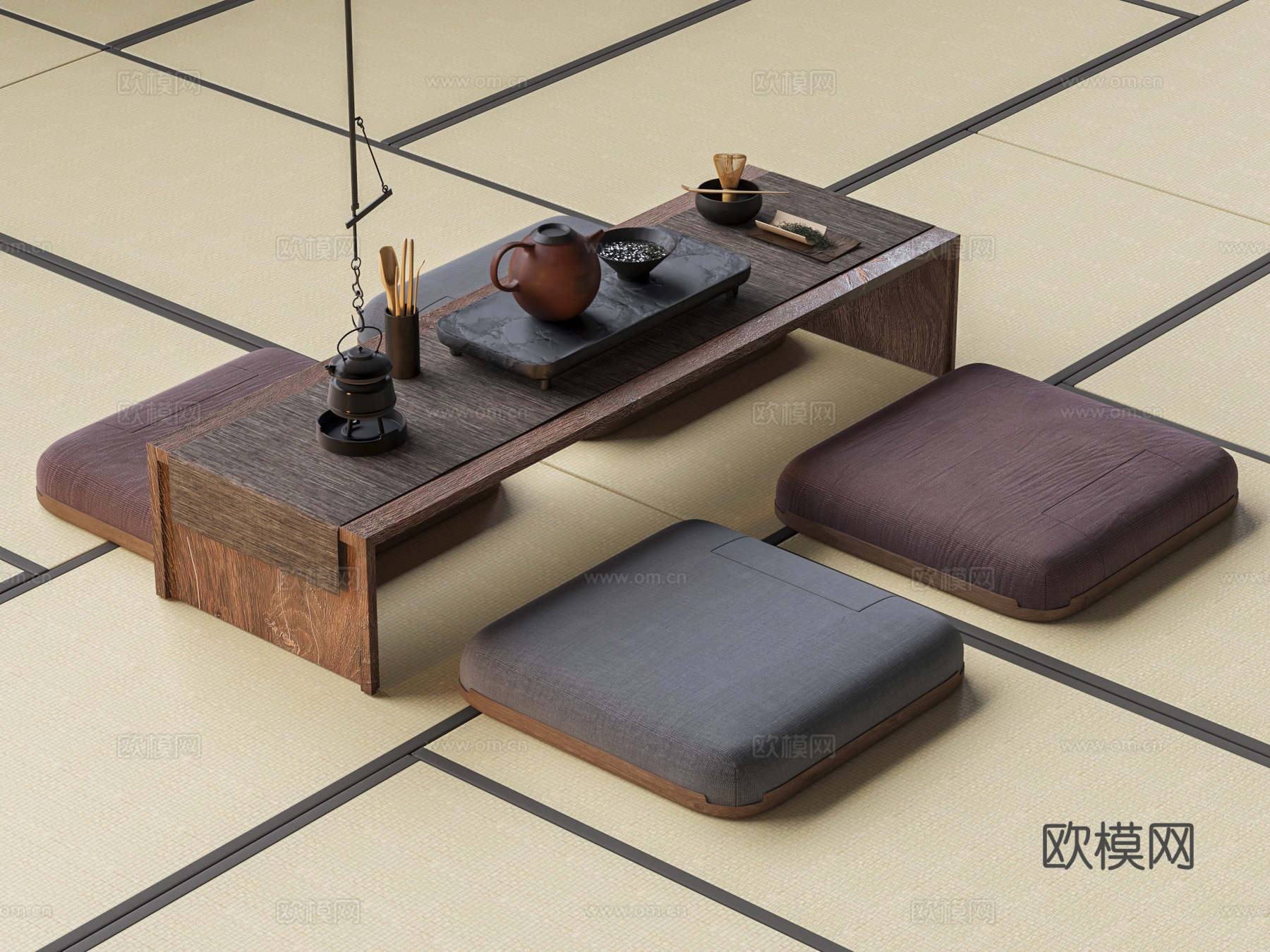 U+ 妙境茶台 蒲团坐垫 榻榻米茶桌椅组合 茶具3d模型