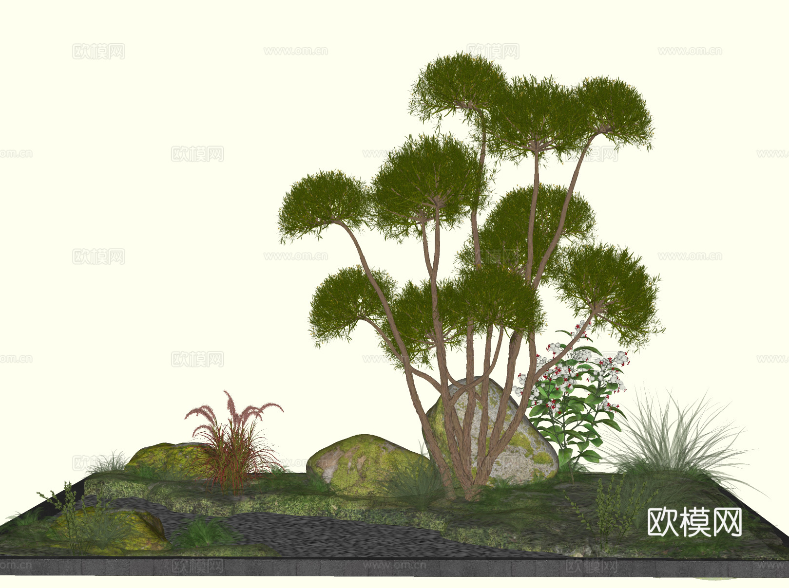 园林景观植物 多头造型树  庭院树  石头小品su模型
