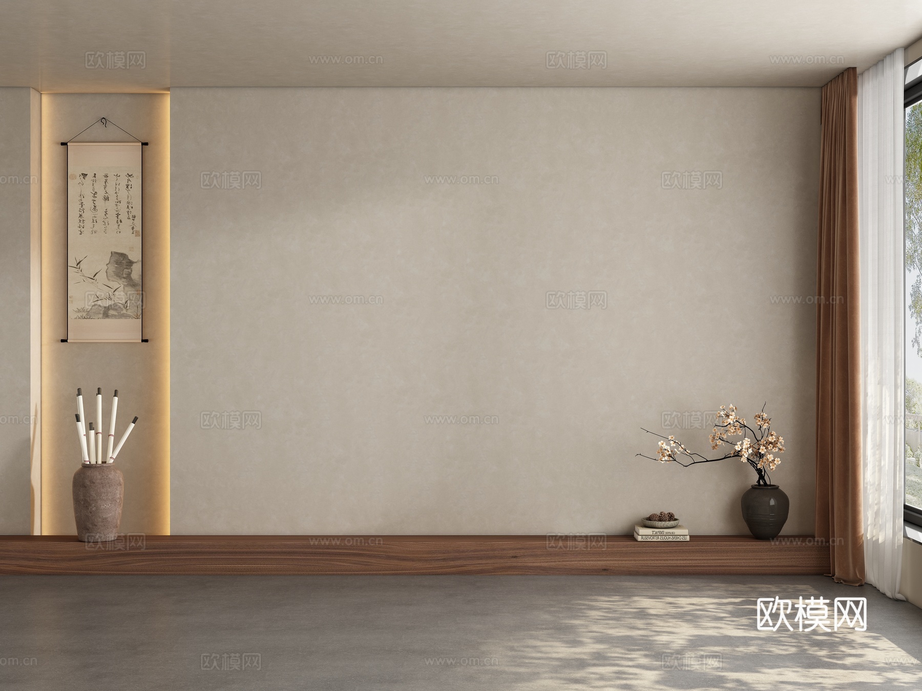 现代中古风餐厅 茶室背景墙3d模型