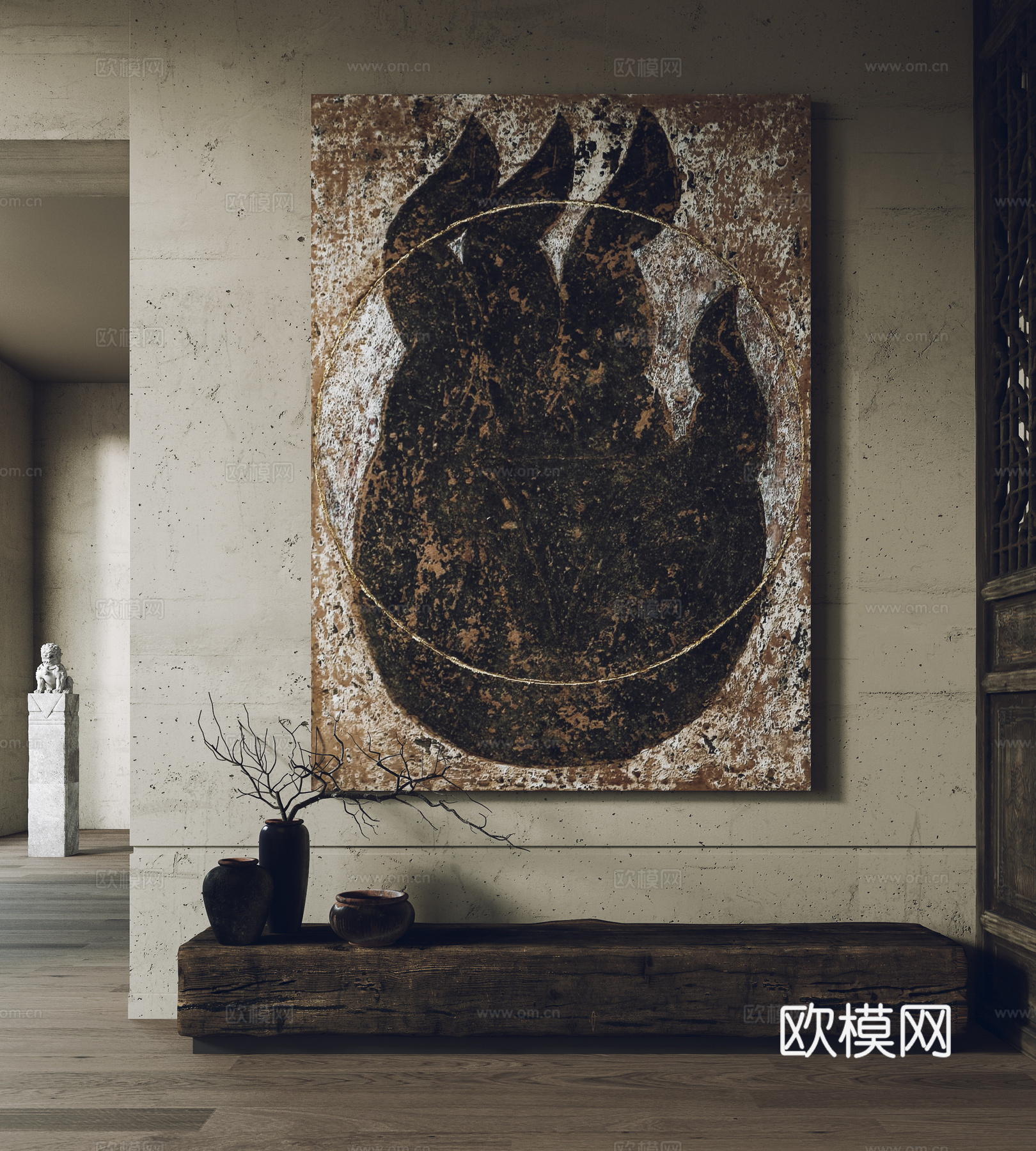 侘寂风装饰画 挂画 长凳3d模型