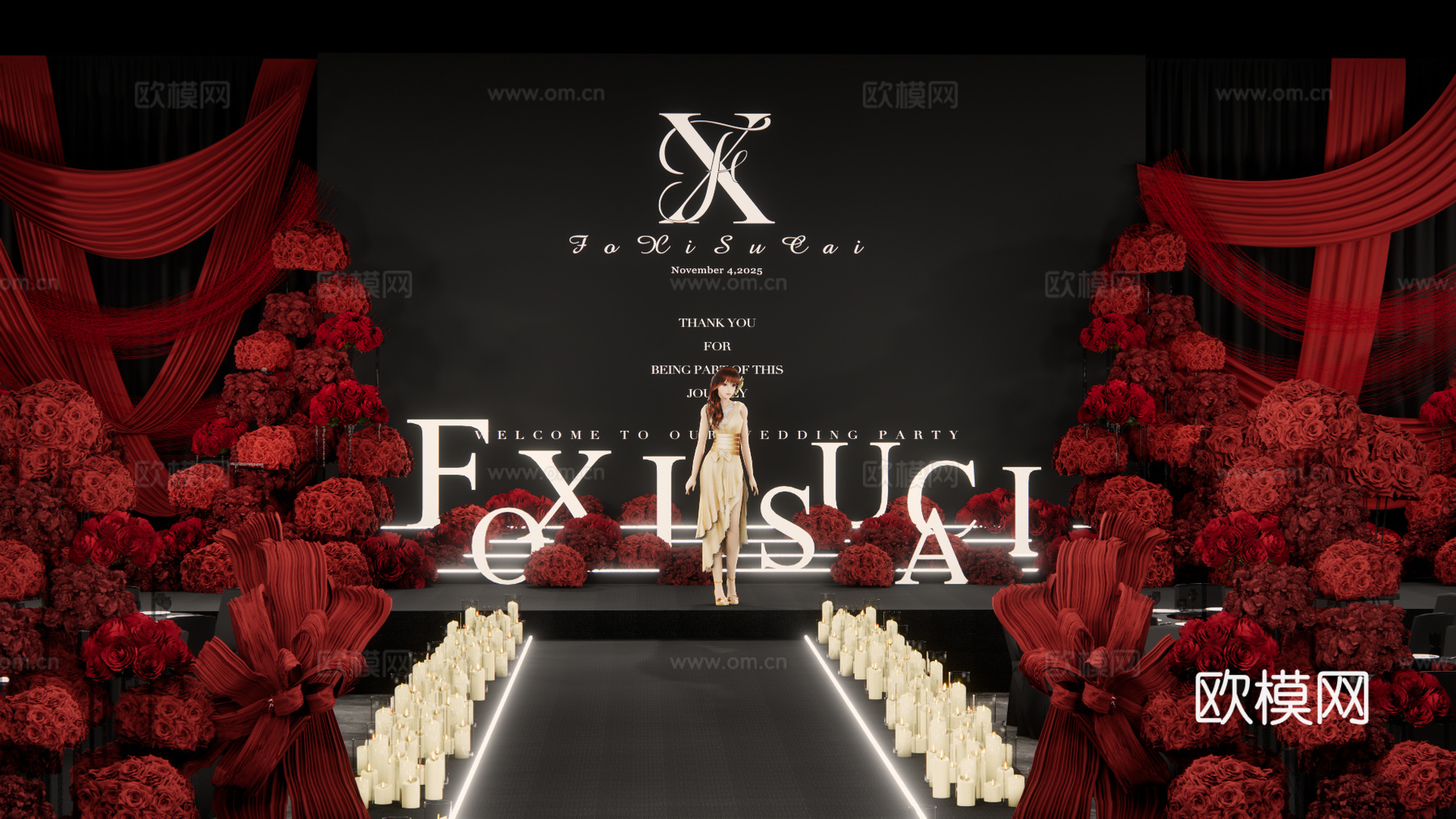 中心大屏两侧布置红色布幔秀场风婚礼设计su模型下载（渲染图4）