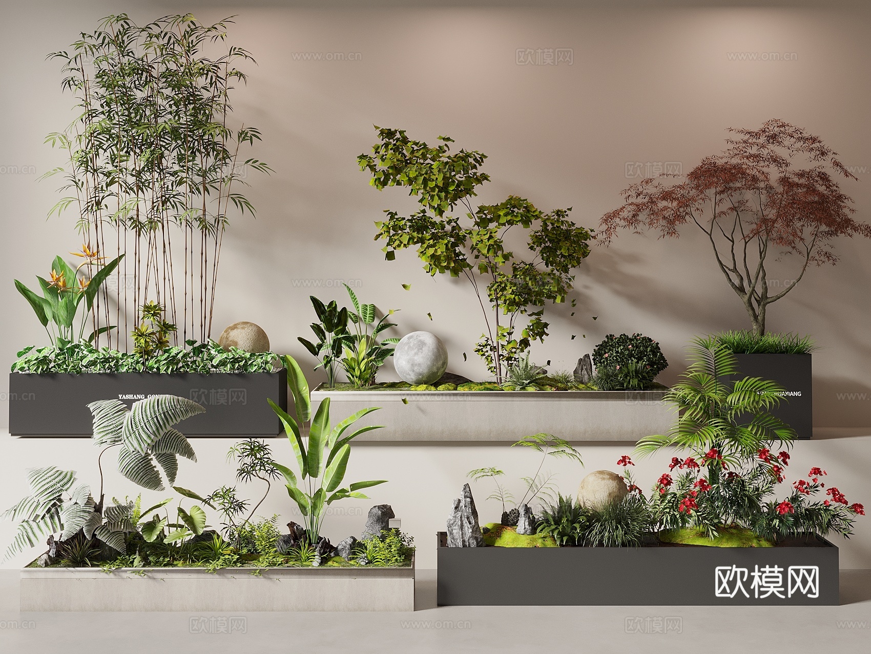 花箱 外摆植物花箱 植物堆 竹子 红枫 移动花箱3d模型