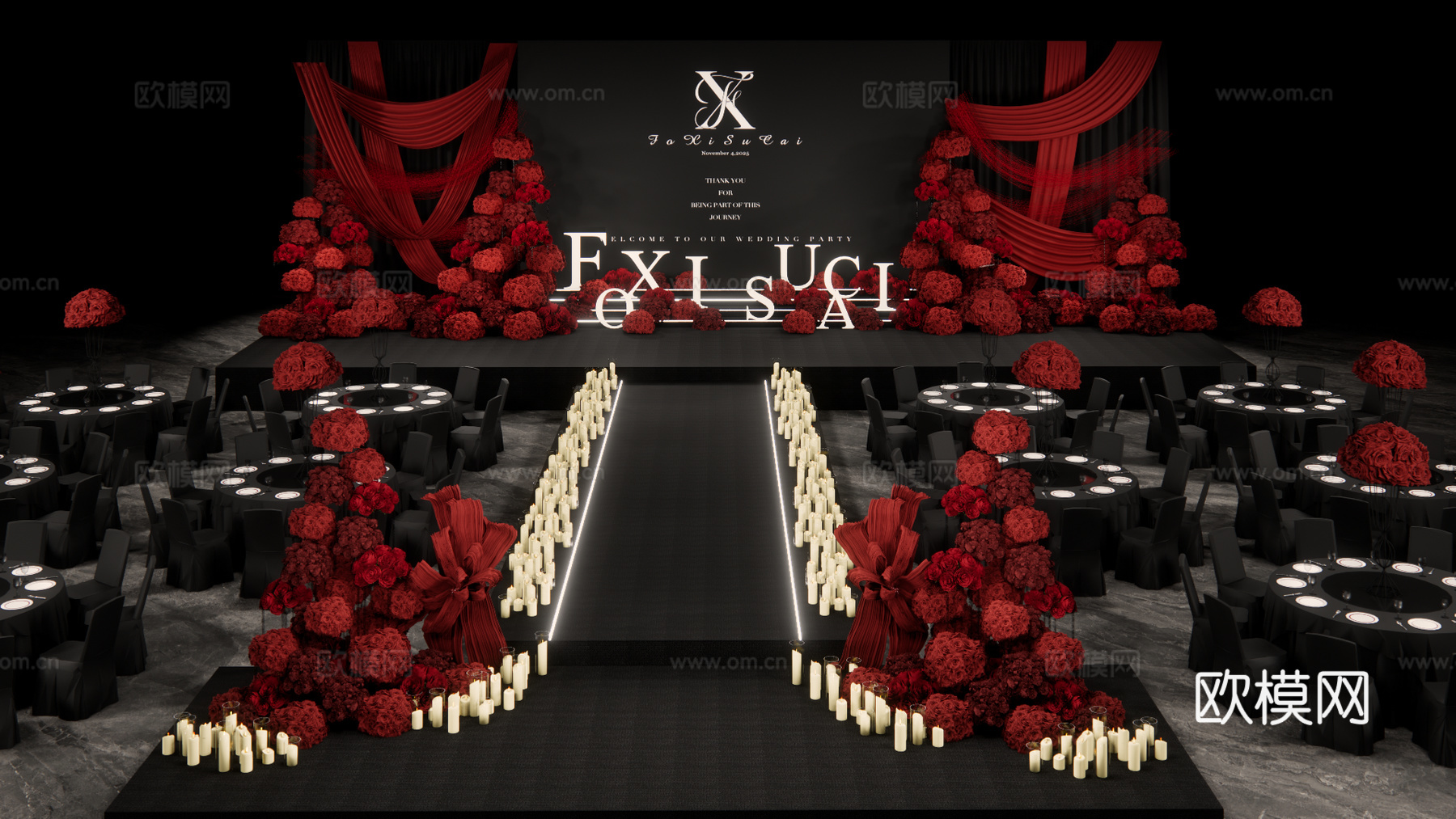 中心大屏两侧布置红色布幔秀场风婚礼设计su模型下载（渲染图1）